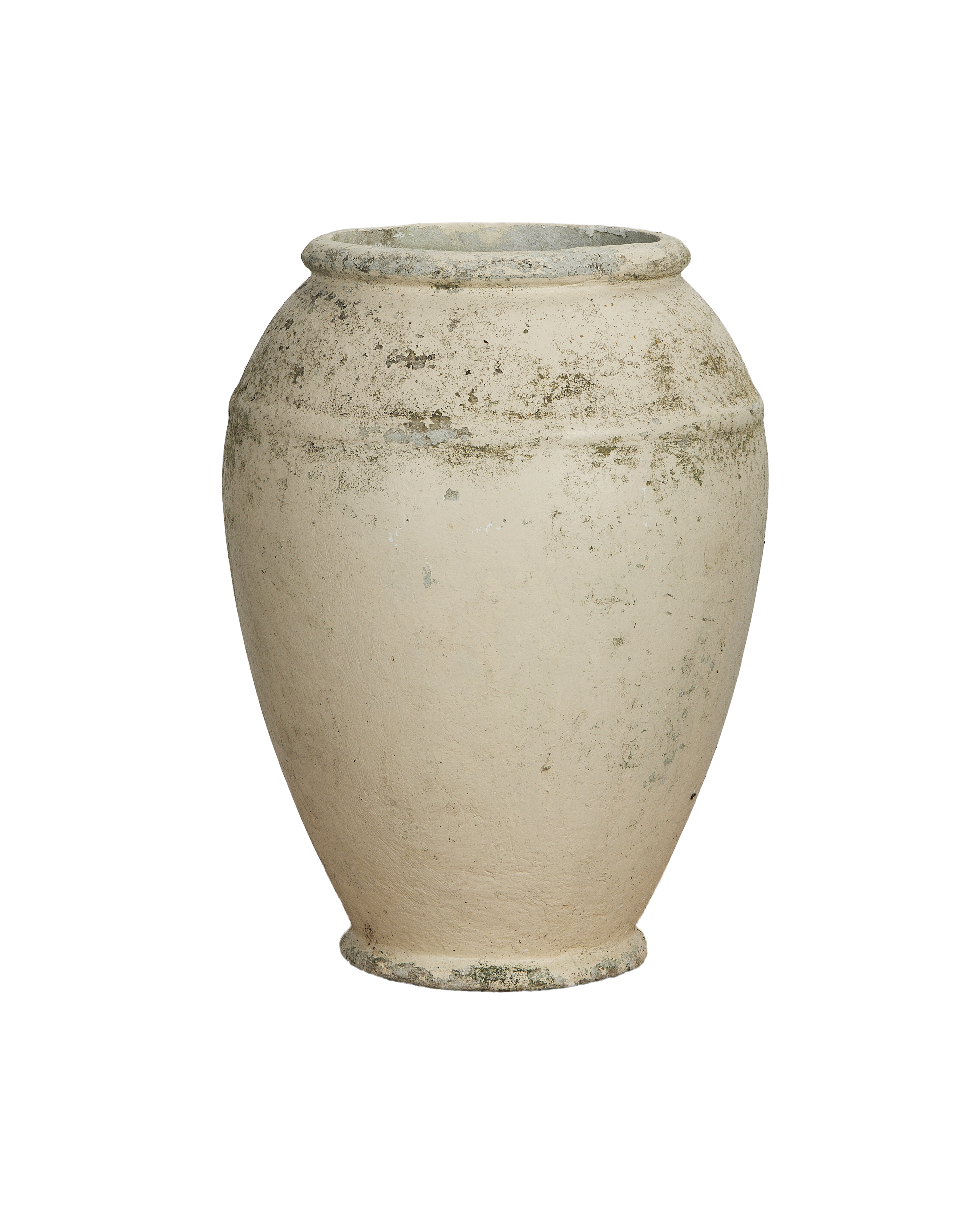 Willy Guhl jardiniere: full front view emphasizing weathered concrete texture, vintage Swiss planter.