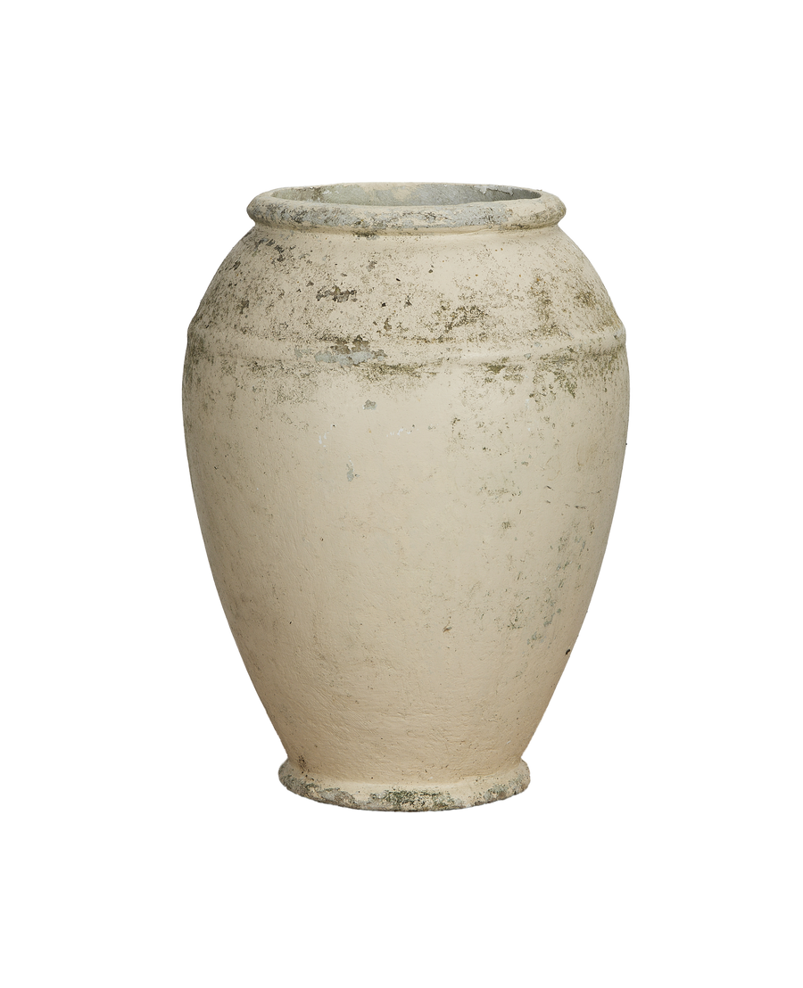 Willy Guhl jardiniere: full front view emphasizing weathered concrete texture, vintage Swiss planter.