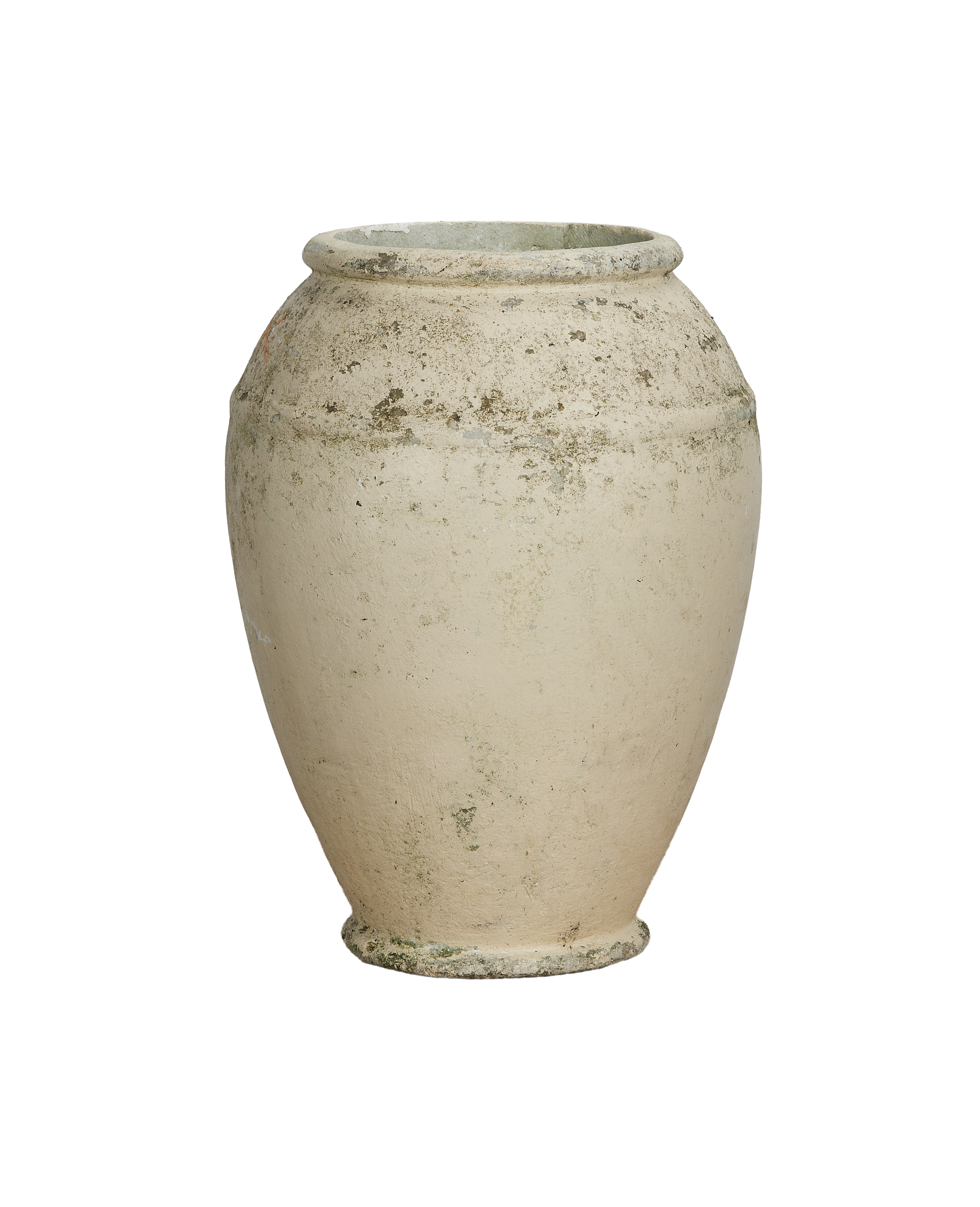 Vintage Willy Guhl jardiniere planter: close-up showing weathered texture, rim, and slight banding.