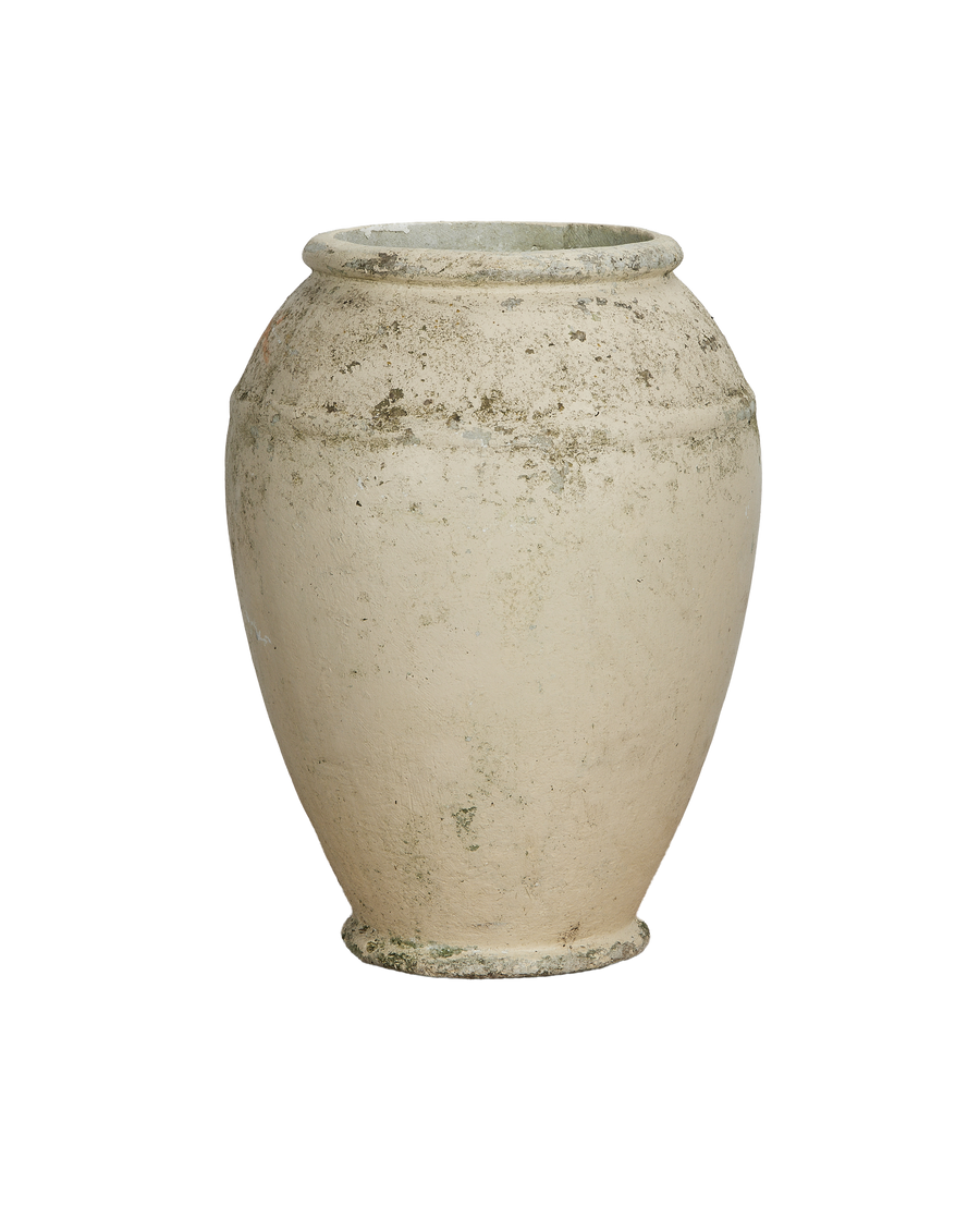 Vintage Willy Guhl jardiniere planter: close-up showing weathered texture, rim, and slight banding.