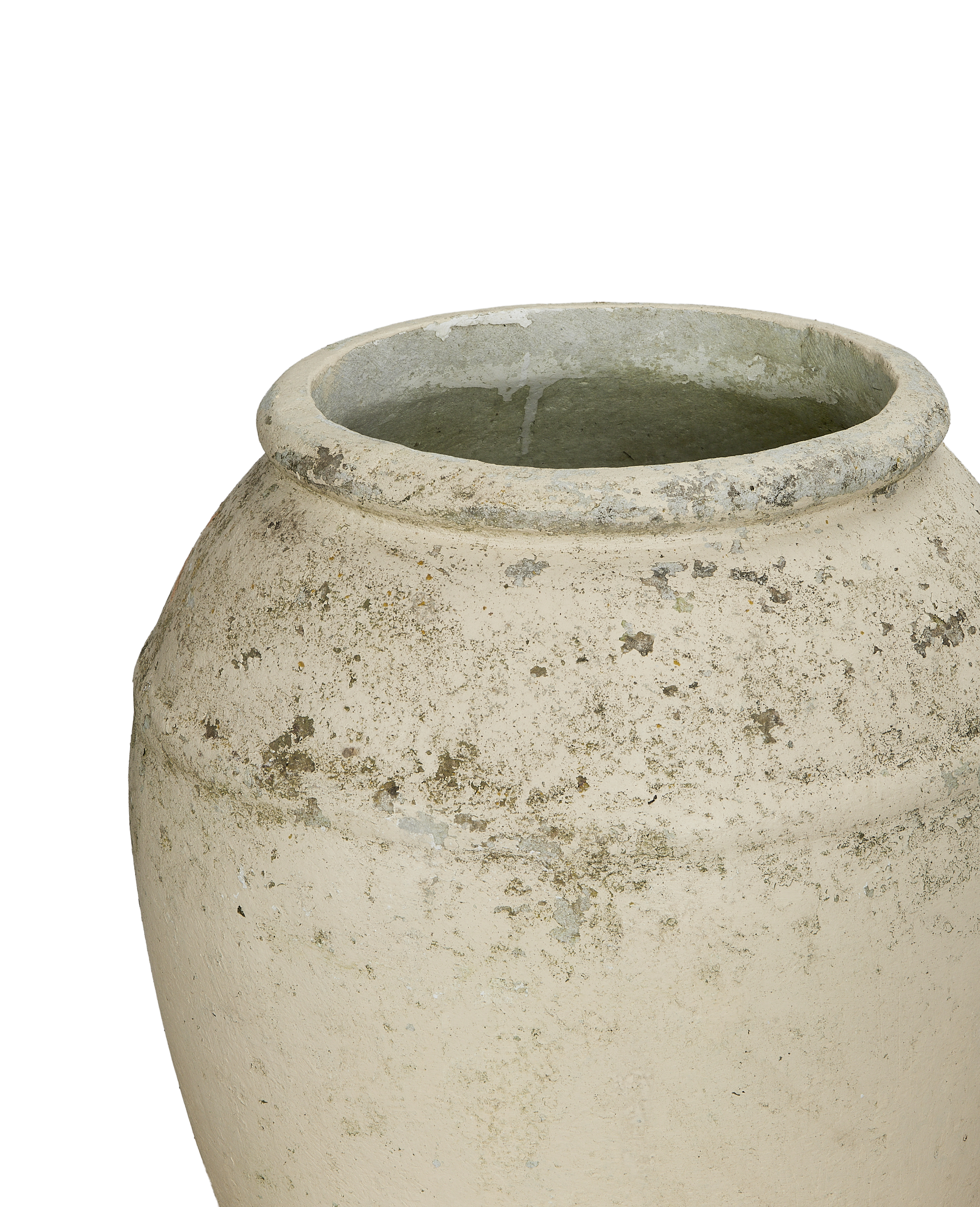 Close-up of Willy Guhl jardiniere rim, showing distressed vintage oak finish and texture.