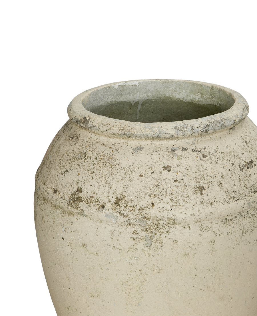 Close-up of Willy Guhl jardiniere rim, showing distressed vintage oak finish and texture.
