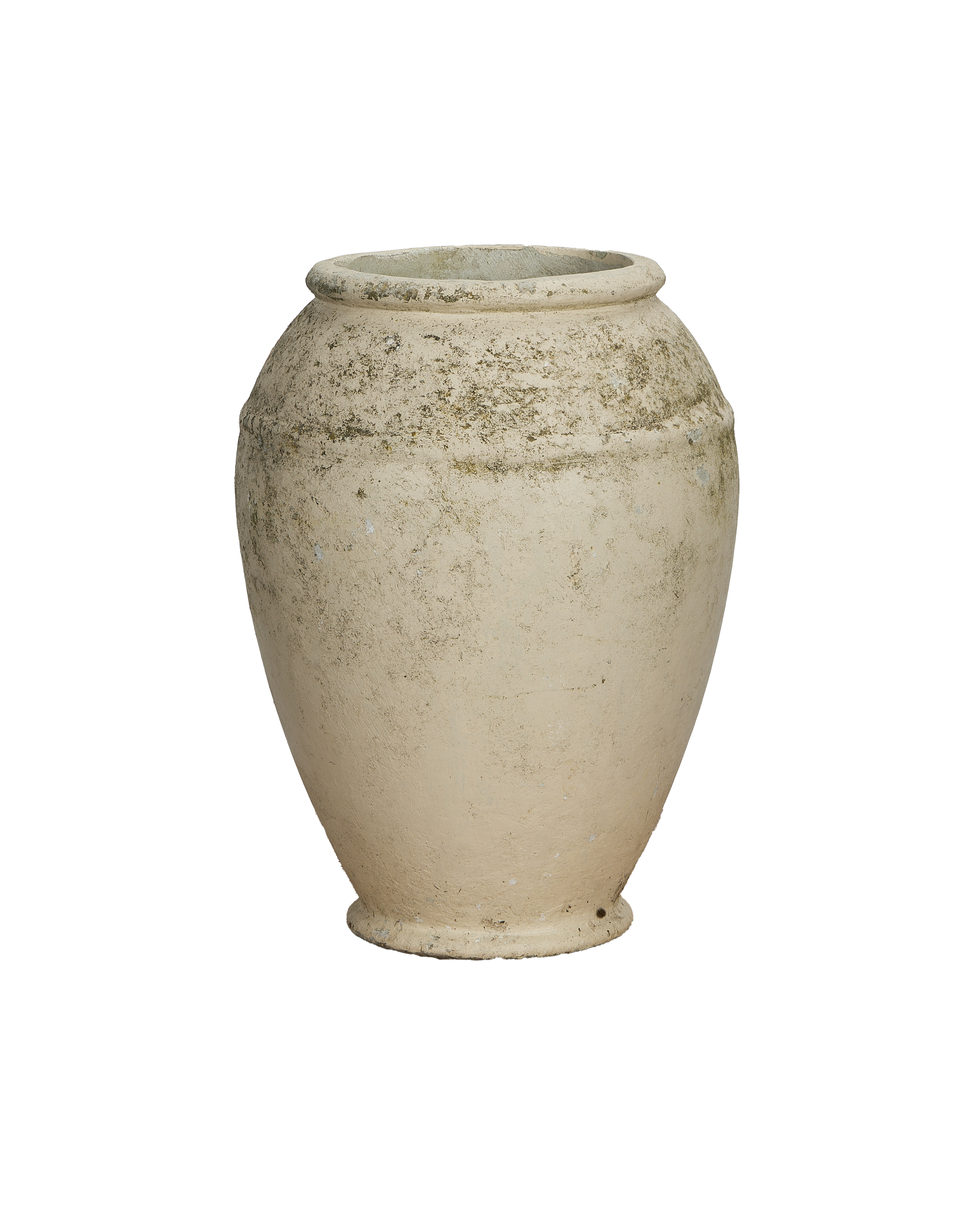 Vintage Willy Guhl conical planter, aged concrete with visible moss patina, front view.