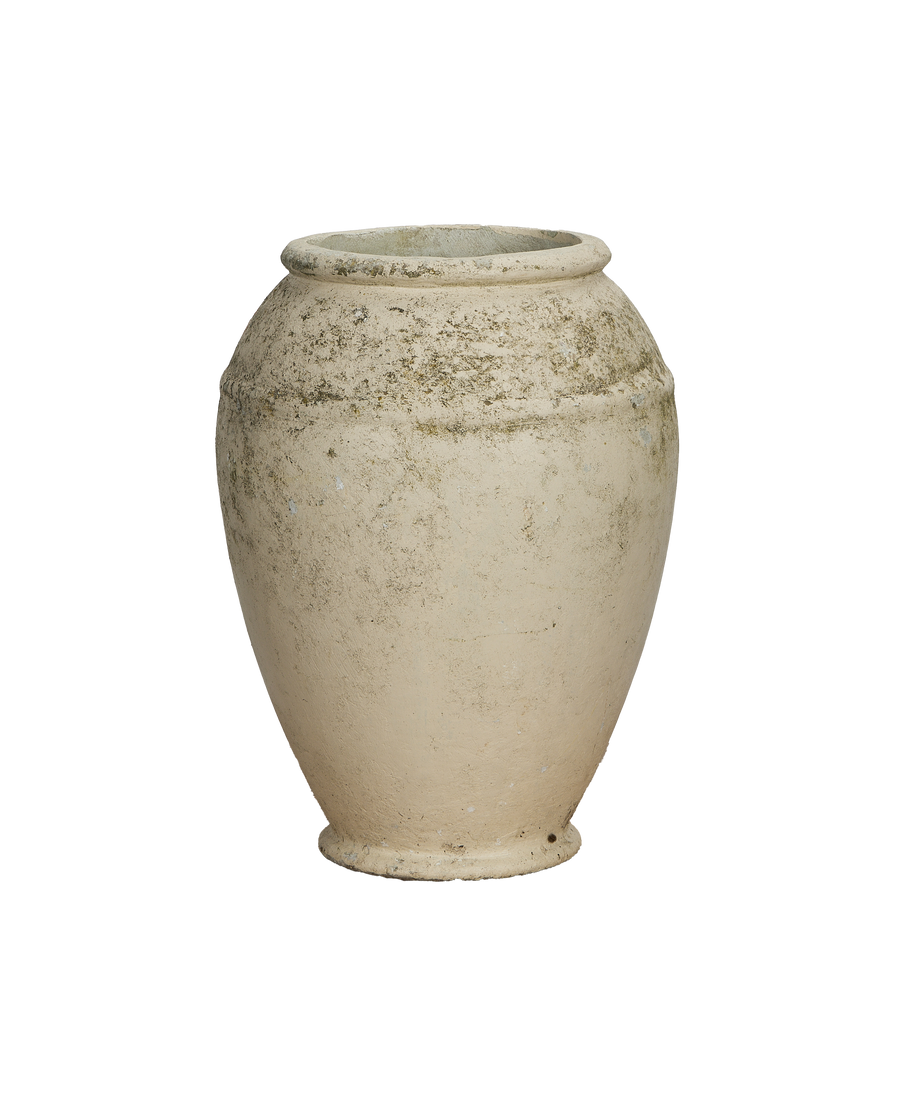 Vintage Willy Guhl conical planter, aged concrete with visible moss patina, front view.