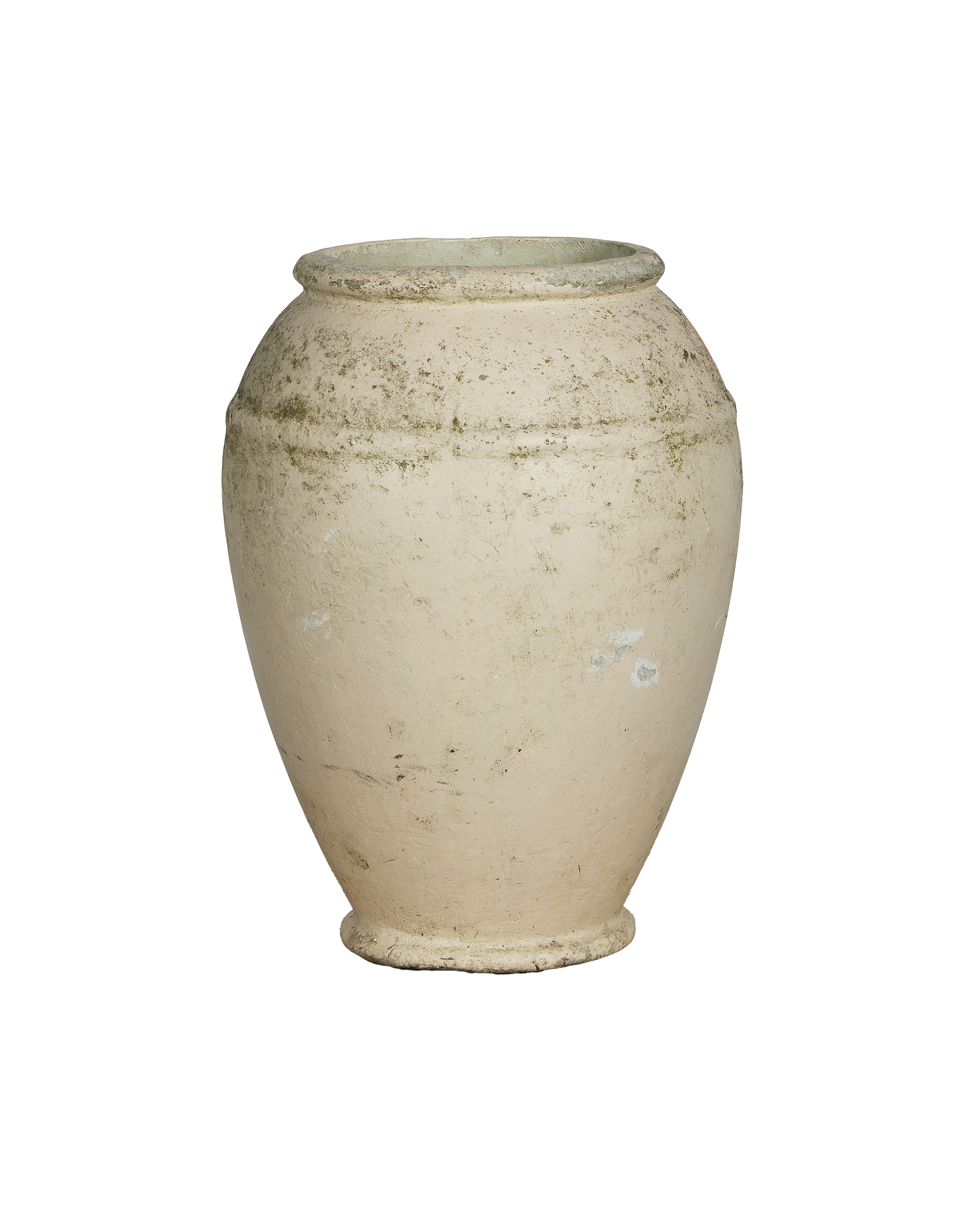 Willy Guhl planter, vintage OAK fiber cement jardiniere, showing distressed texture and banding details.