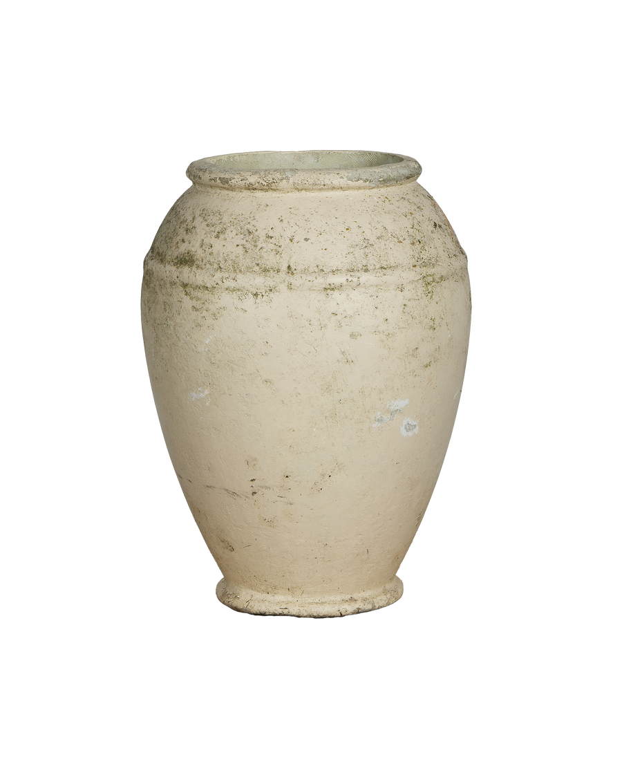 Willy Guhl planter, vintage OAK fiber cement jardiniere, showing distressed texture and banding details.