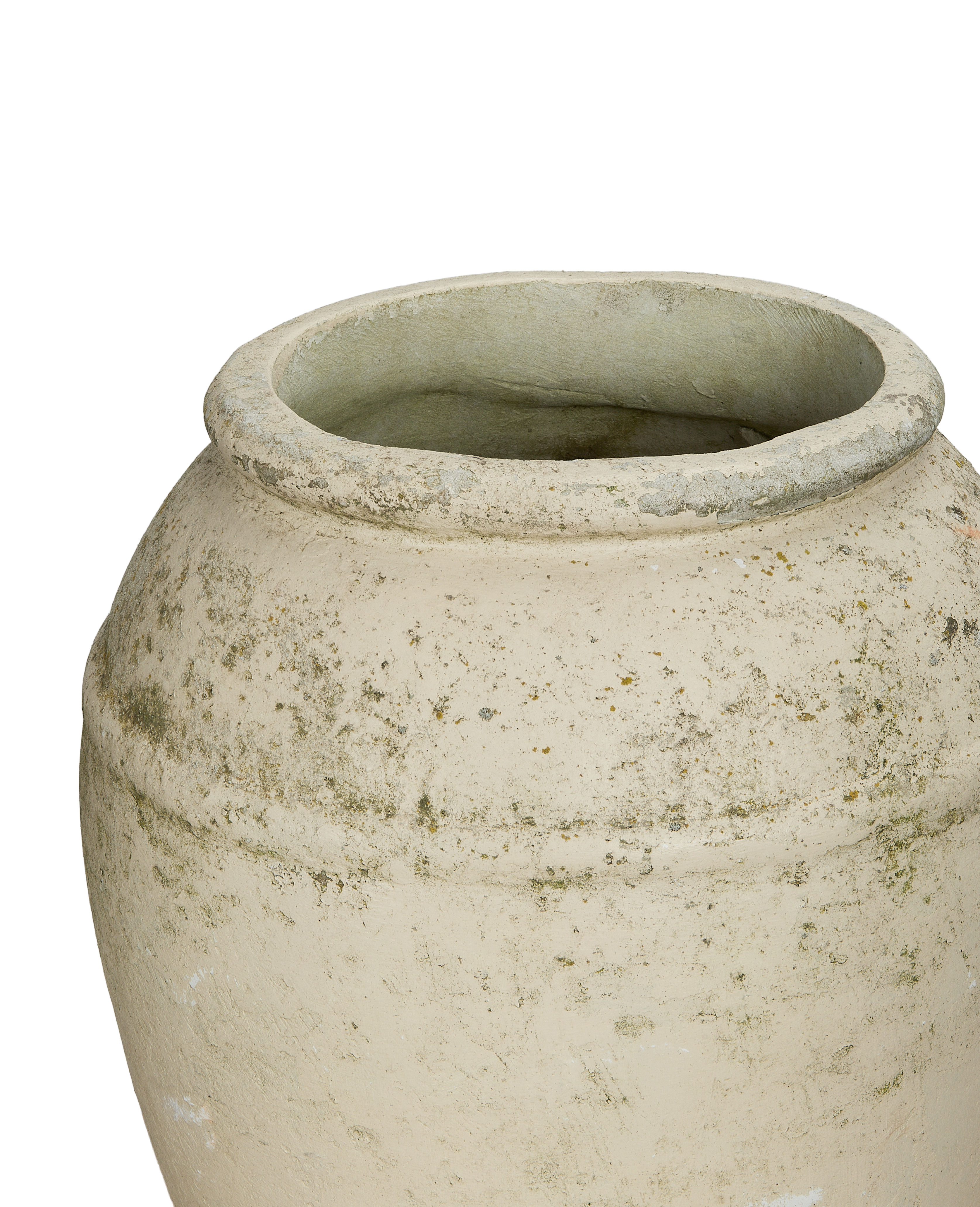 Vintage Willy Guhl conical planter's textured concrete surface, showing weathered details and rim.