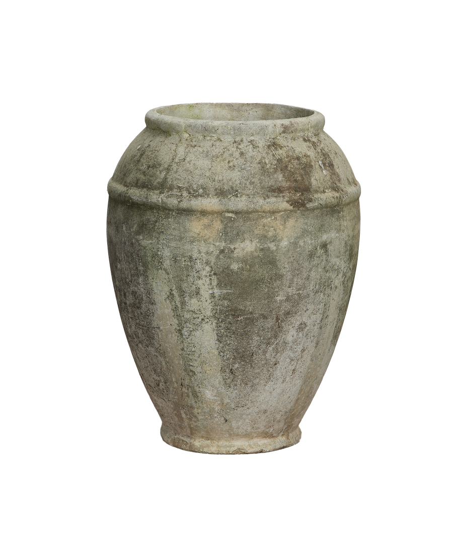 Willy Guhl concrete planter, vintage jardiniere with weathered patina, full view.