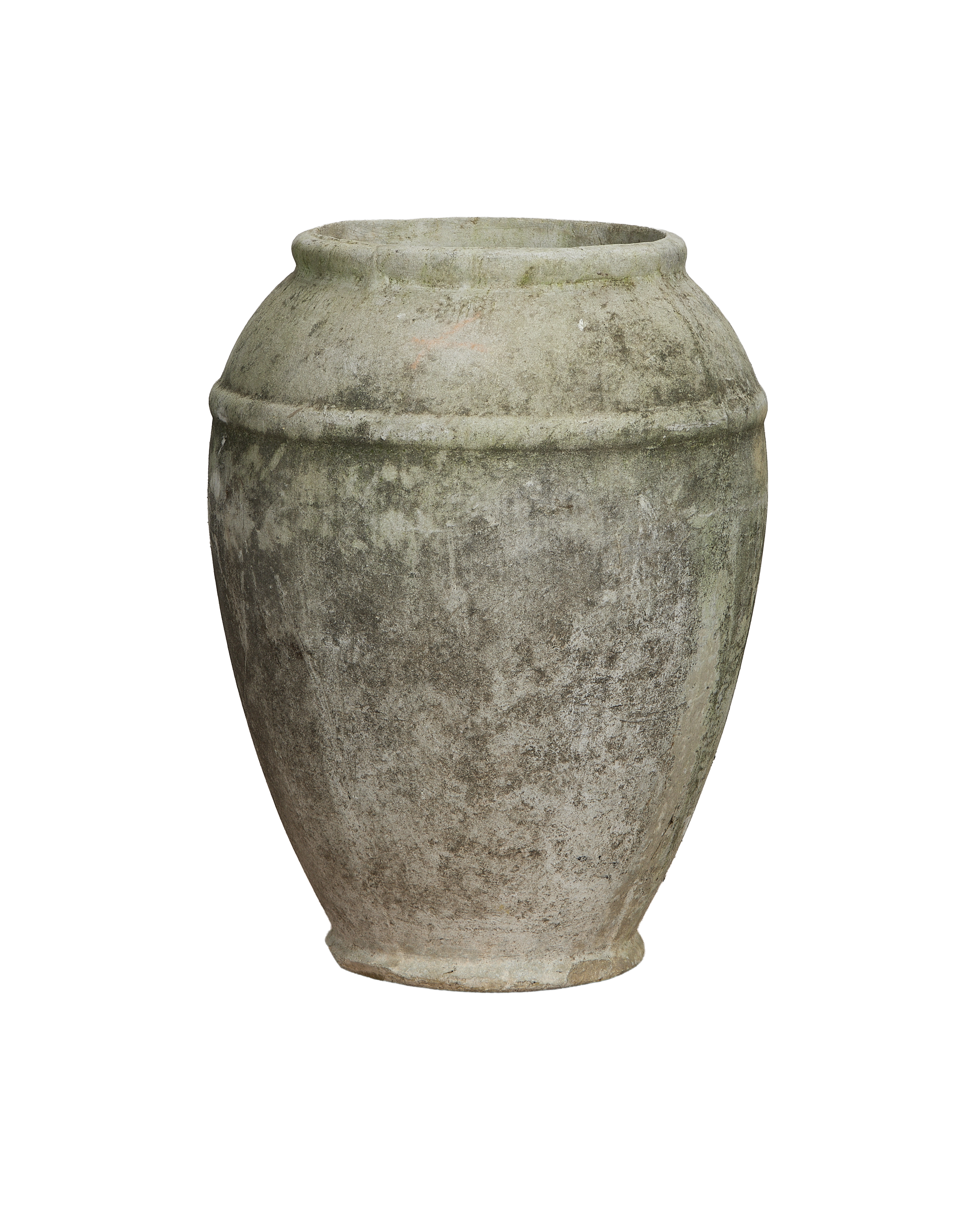 Willy Guhl planter, vintage Swiss jardiniere, aged concrete with textured patina, full front view.