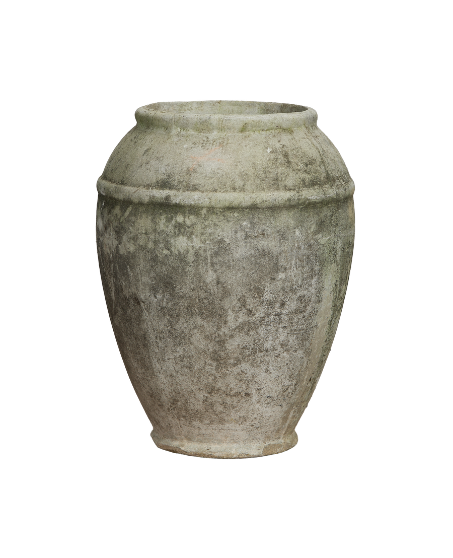 Willy Guhl planter, vintage Swiss jardiniere, aged concrete with textured patina, full front view.