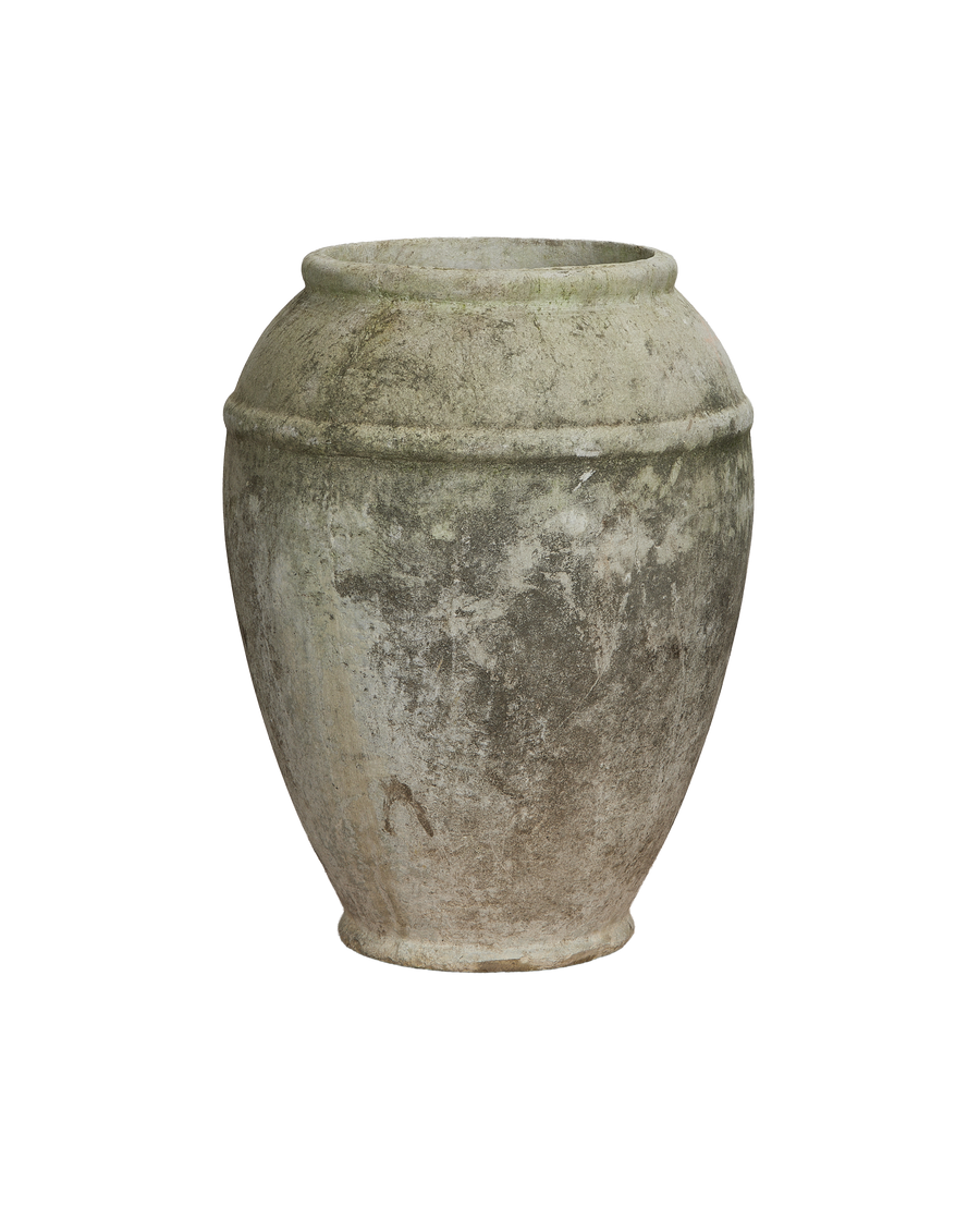 Vintage Willy Guhl jardiniere: detailed view of textured, weather-worn concrete surface.