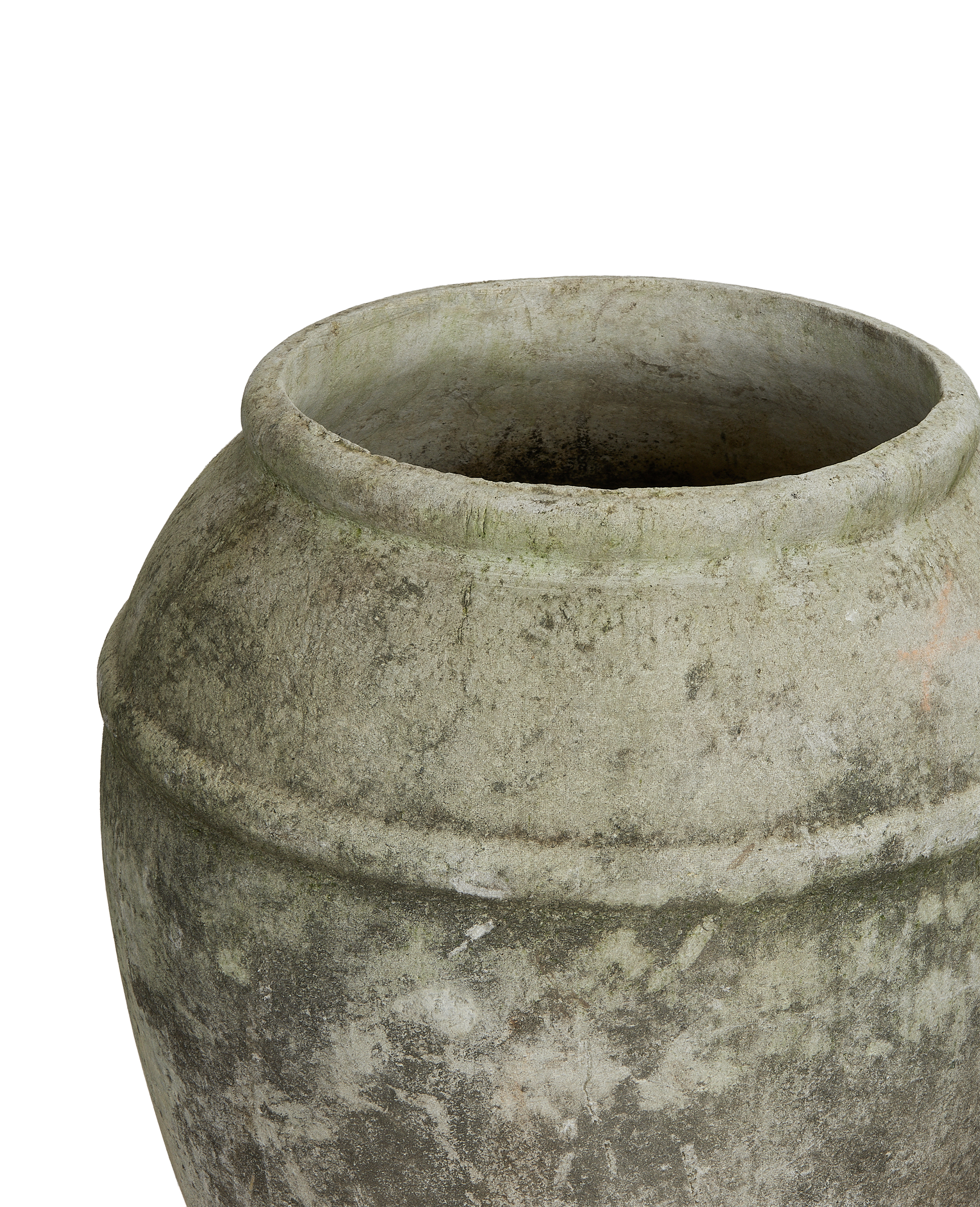 Vintage Willy Guhl concrete planter, close-up showing rim, aged patina, weathered gray texture.