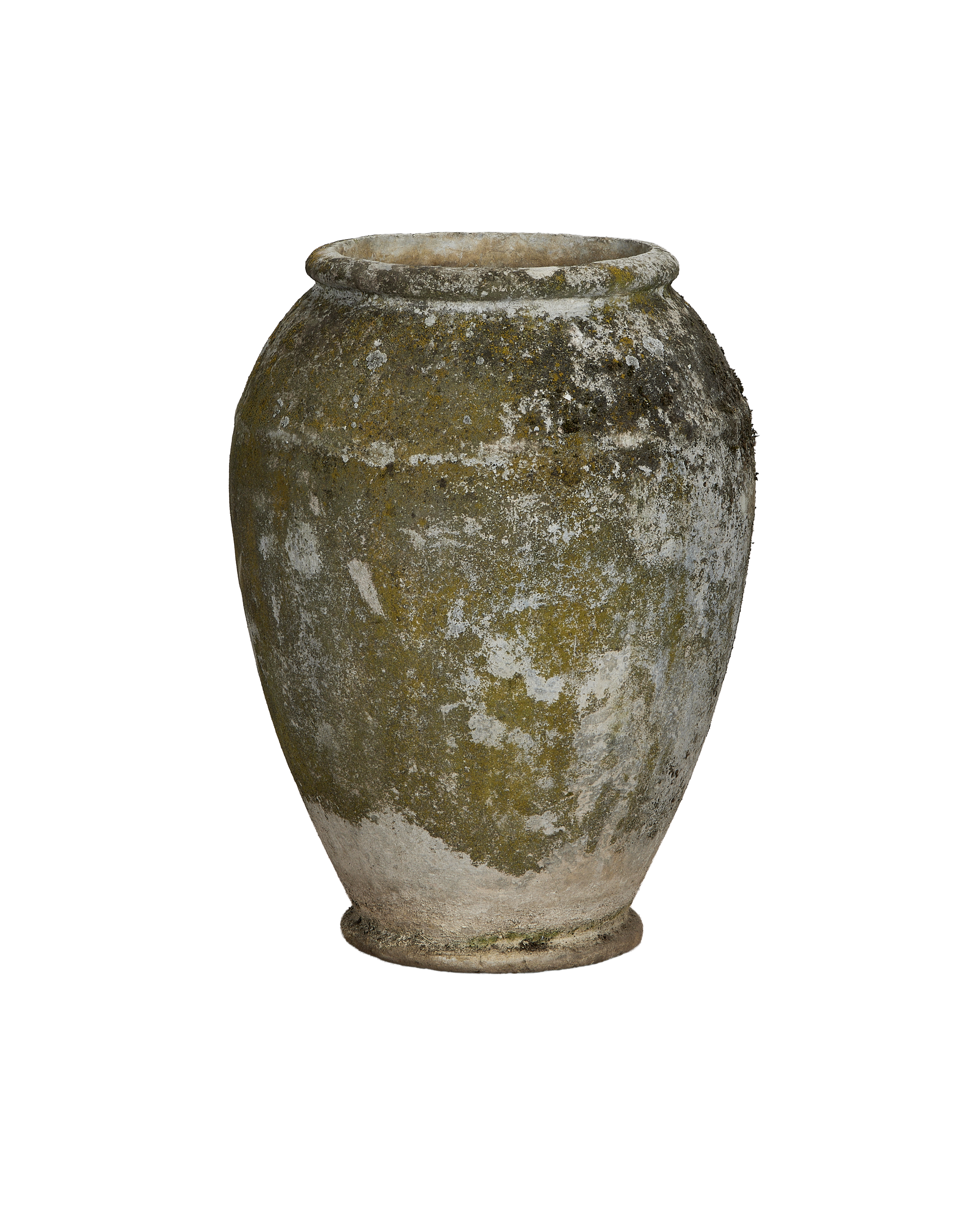 Vintage Willy Guhl jardinere with green moss and white lichen patination, close-up.