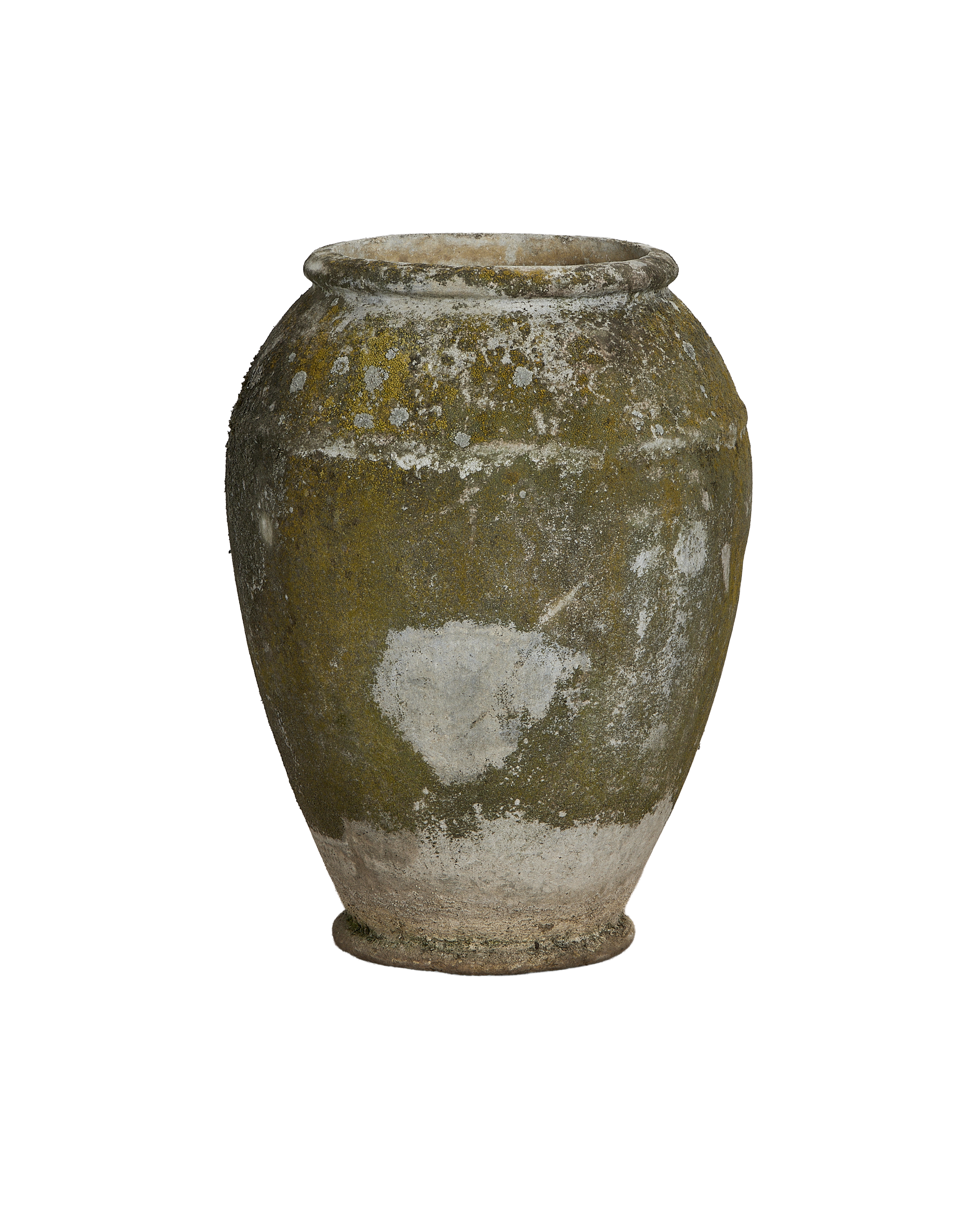 Vintage Willy Guhl conical planter, showing textured weathered oak, lichens and moss.