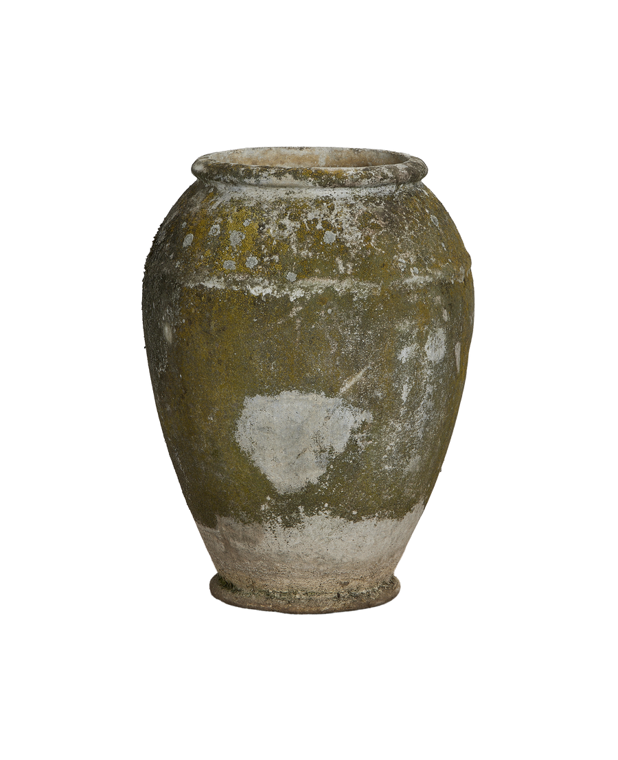 Vintage Willy Guhl conical planter, showing textured weathered oak, lichens and moss.