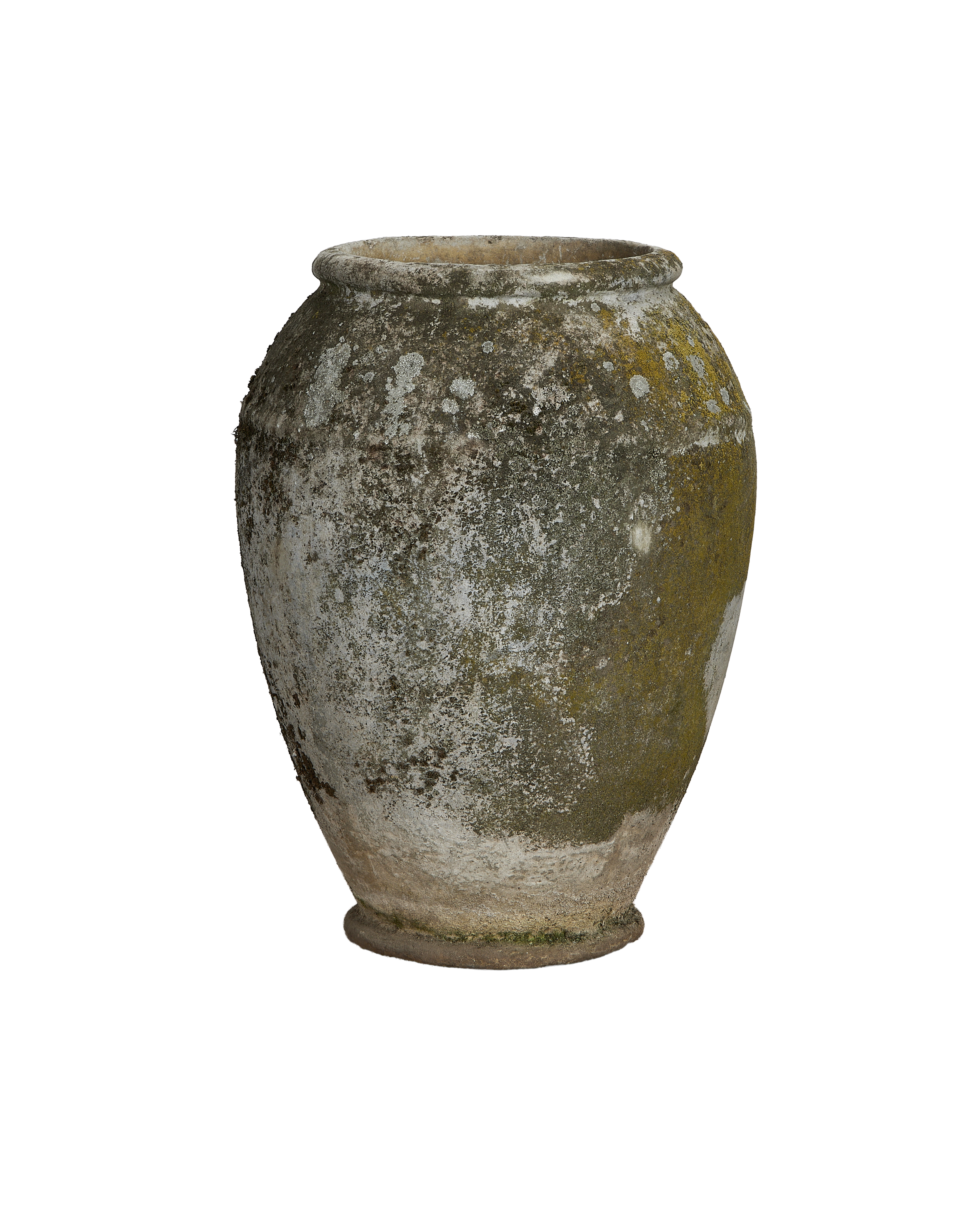 Vintage Willy Guhl conical planter, weathered off-white fiber cement with heavy moss patina.