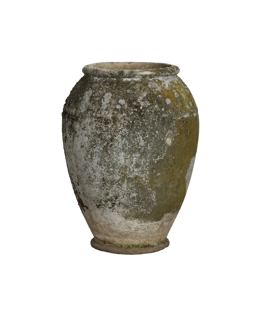 Vintage Willy Guhl conical planter, weathered off-white fiber cement with heavy moss patina.