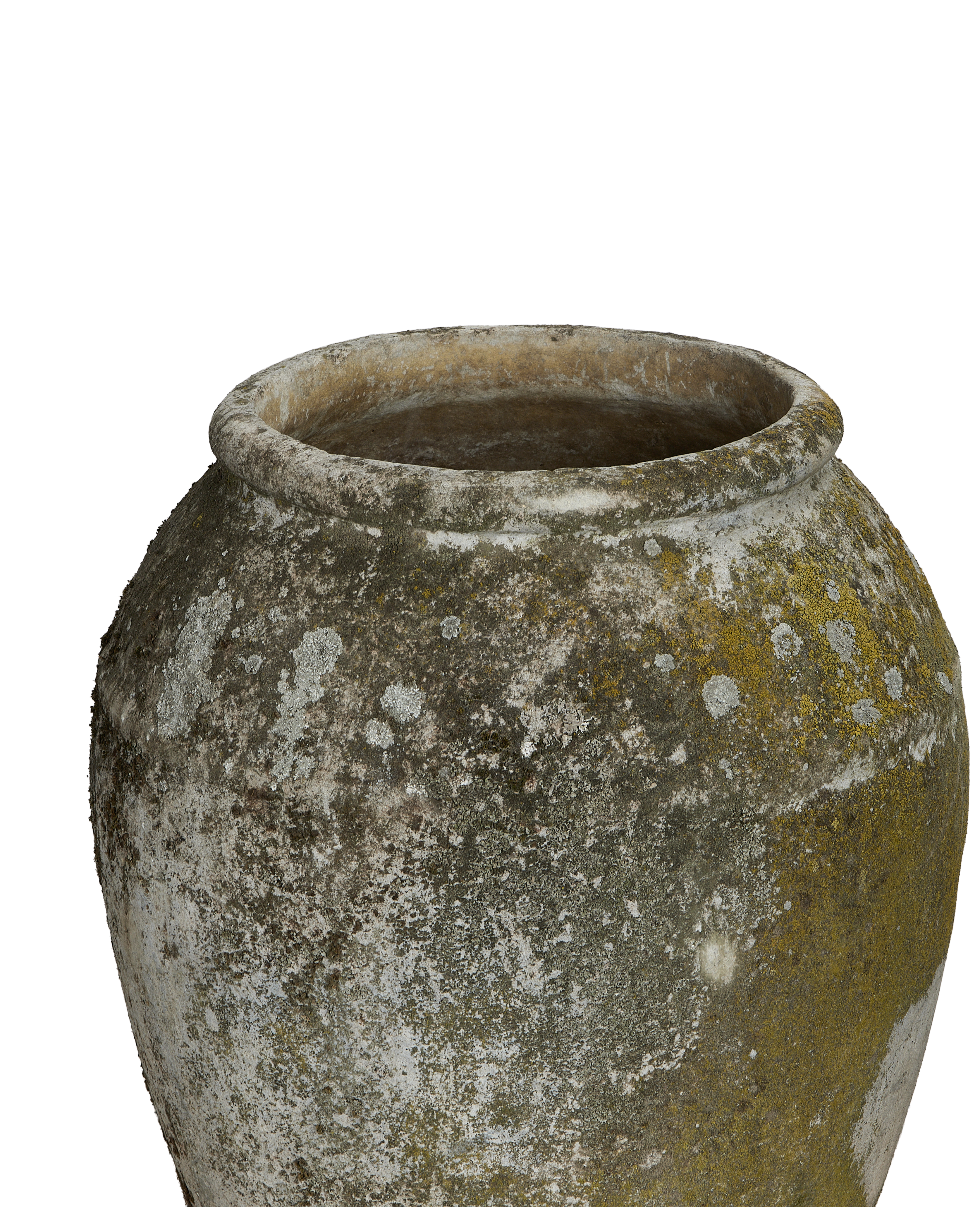 Close-up of Willy Guhl planter rim, showing moss and lichen patina.