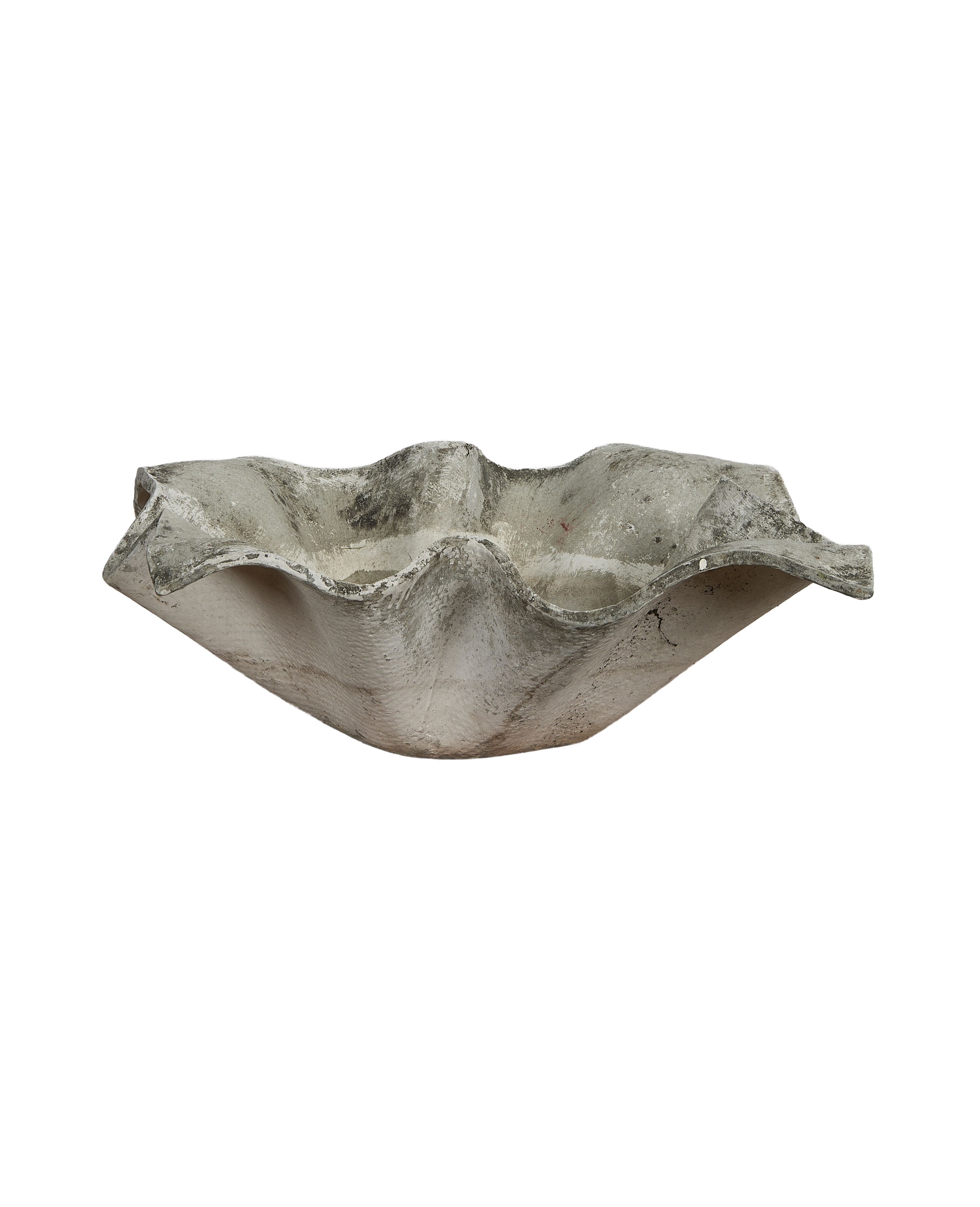 Vintage Willy Guhl Elephant ear planter, wavy weathered fiber cement, gray Swiss design.