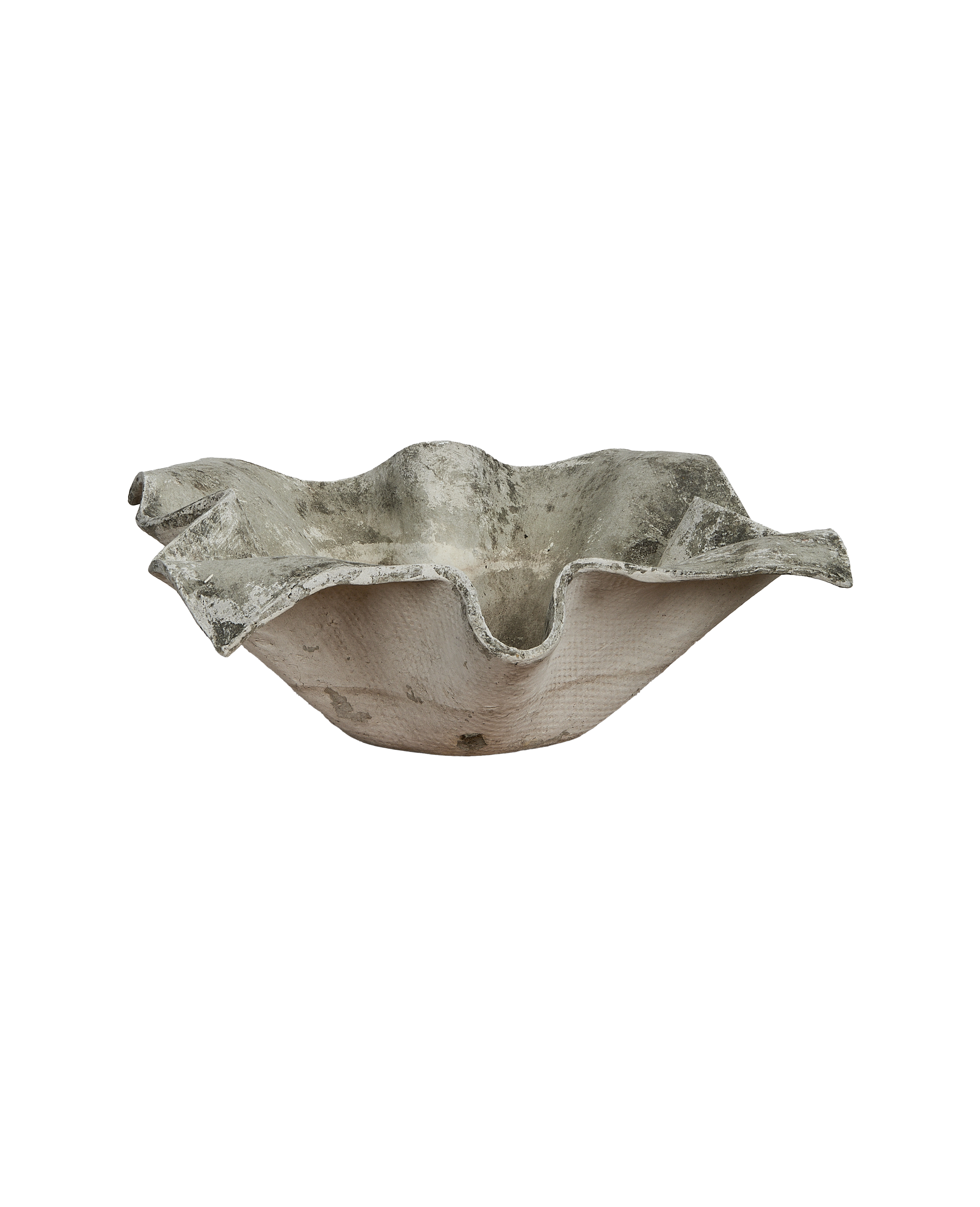 Vintage Willy Guhl Elephant Ear planter showing sculpted form and weathered concrete texture.