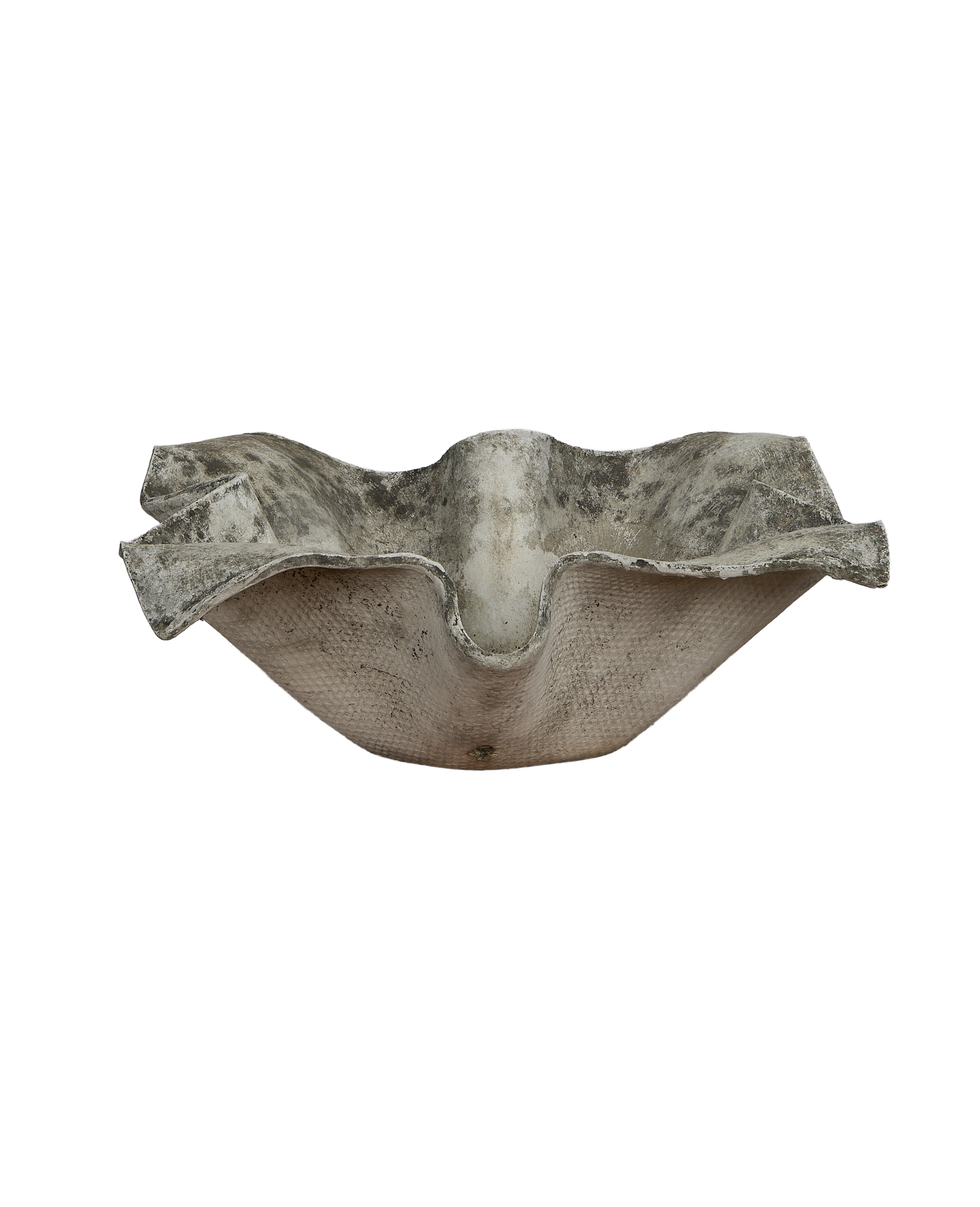 Vintage Willy Guhl elephant ear planter, showcasing weathered gray fiber cement texture.