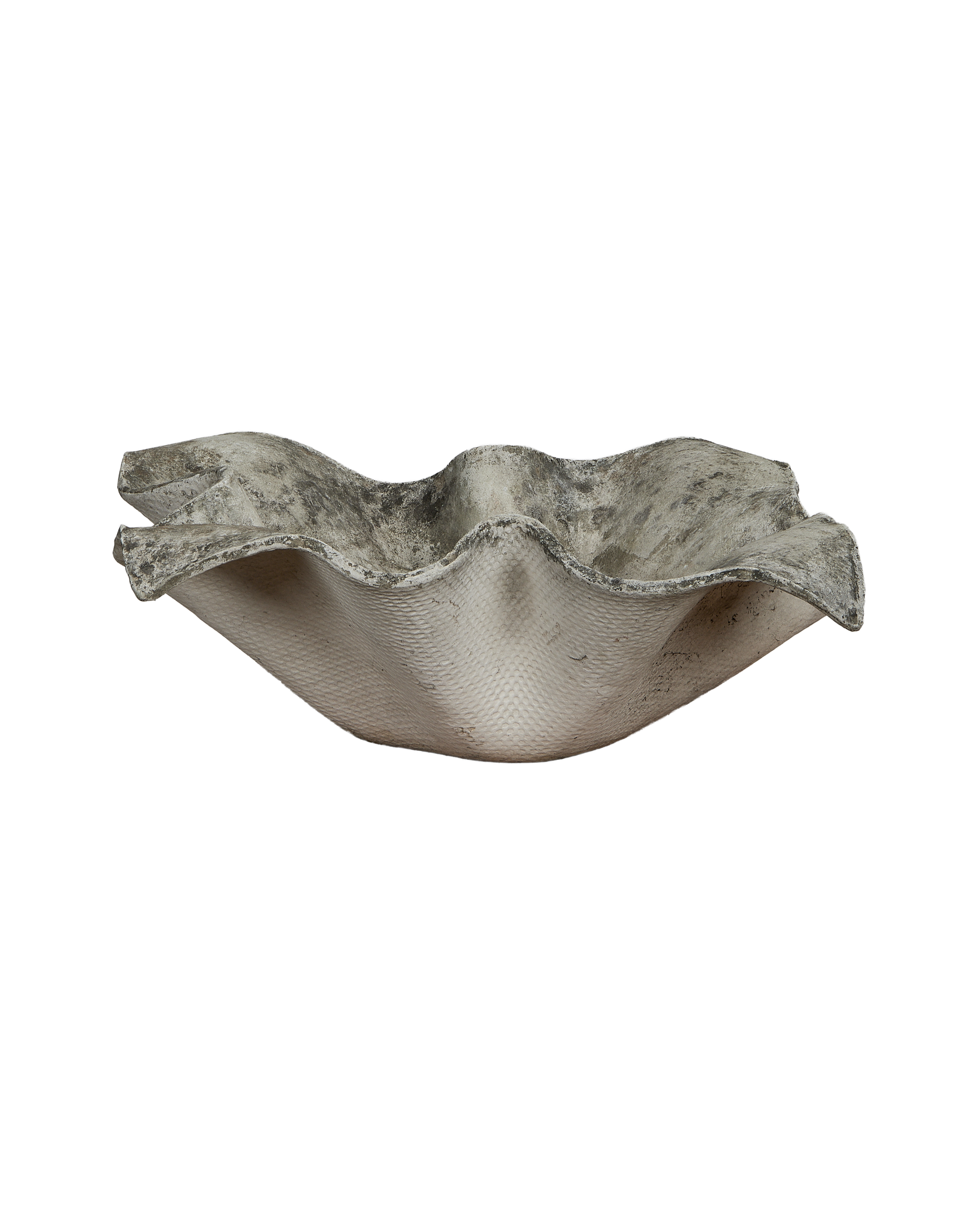 Vintage Willy Guhl Elephant Ear planter, full side view, weathered Eternit texture.