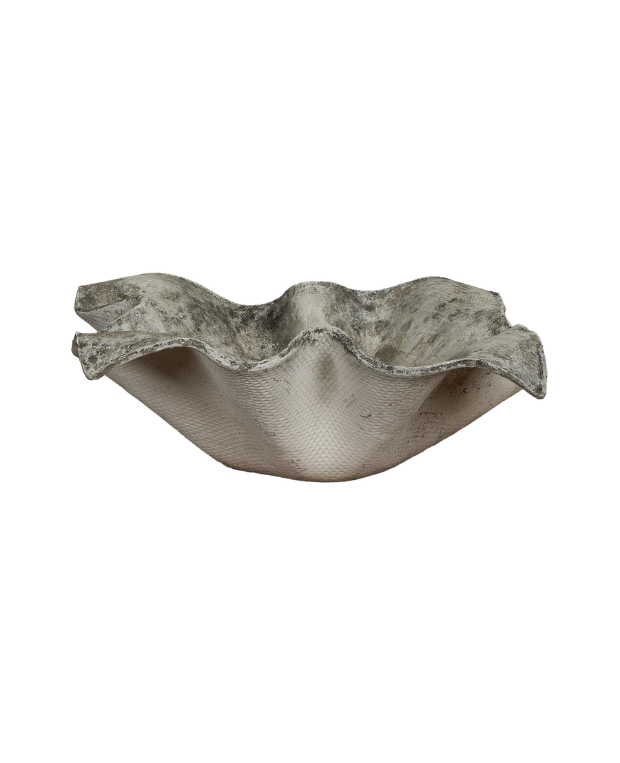 Vintage Willy Guhl Elephant Ear planter, full side view, weathered Eternit texture.