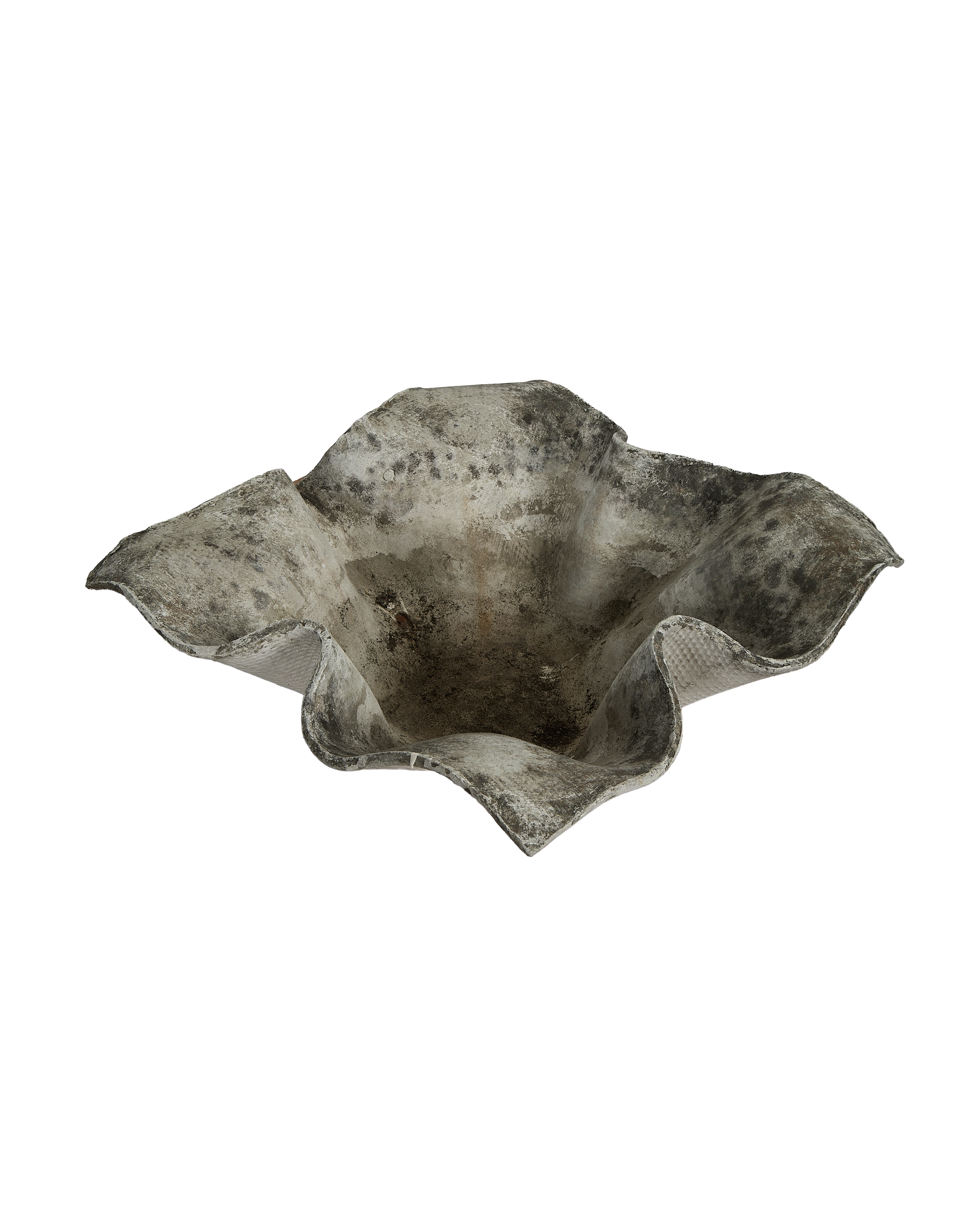 Vintage Willy Guhl Elephant Ear planter, weathered OAK fiber cement, top-down view showing interior patina.