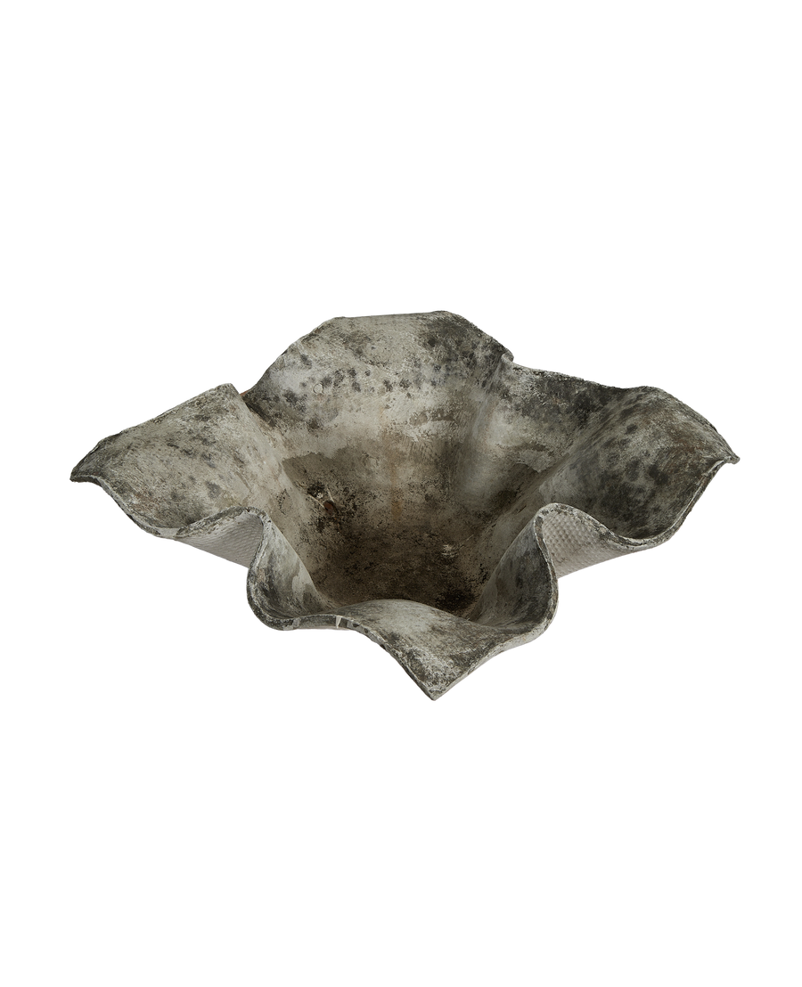 Vintage Willy Guhl Elephant Ear planter, weathered OAK fiber cement, top-down view showing interior patina.