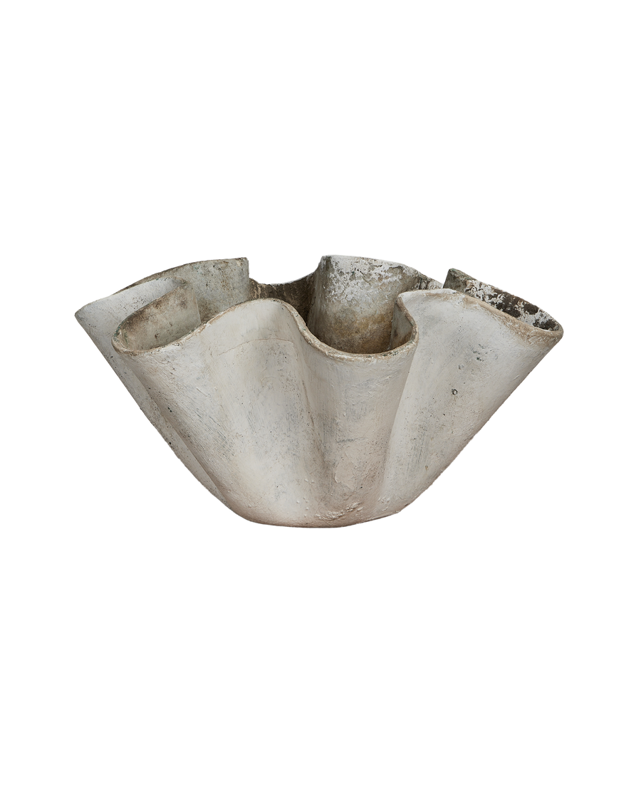 Vintage Willy Guhl Trough Planter, detailed view of organic wavy concrete edges.