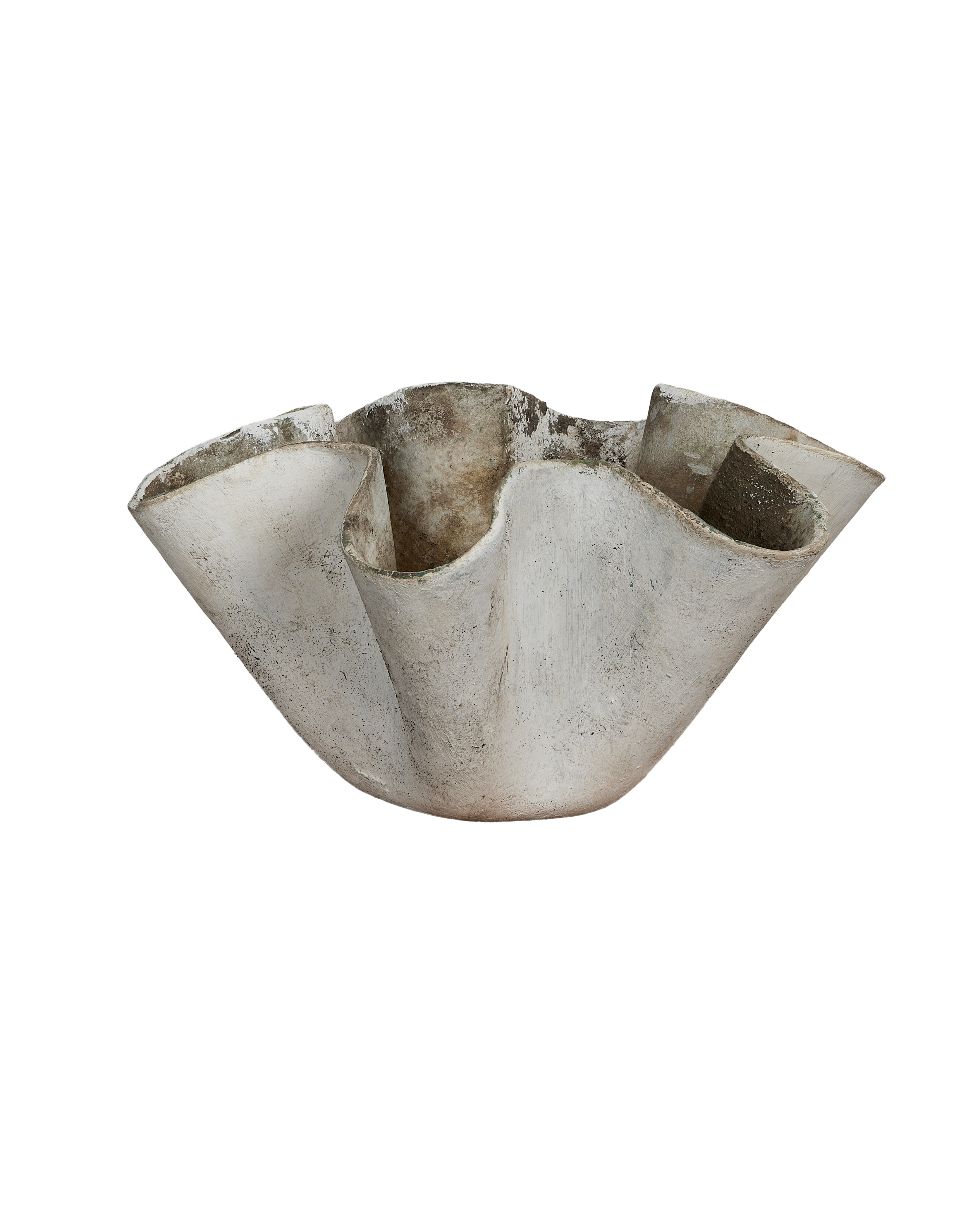 Vintage Willy Guhl concrete planter, organic free-form oval, showcasing rustic weathered texture.