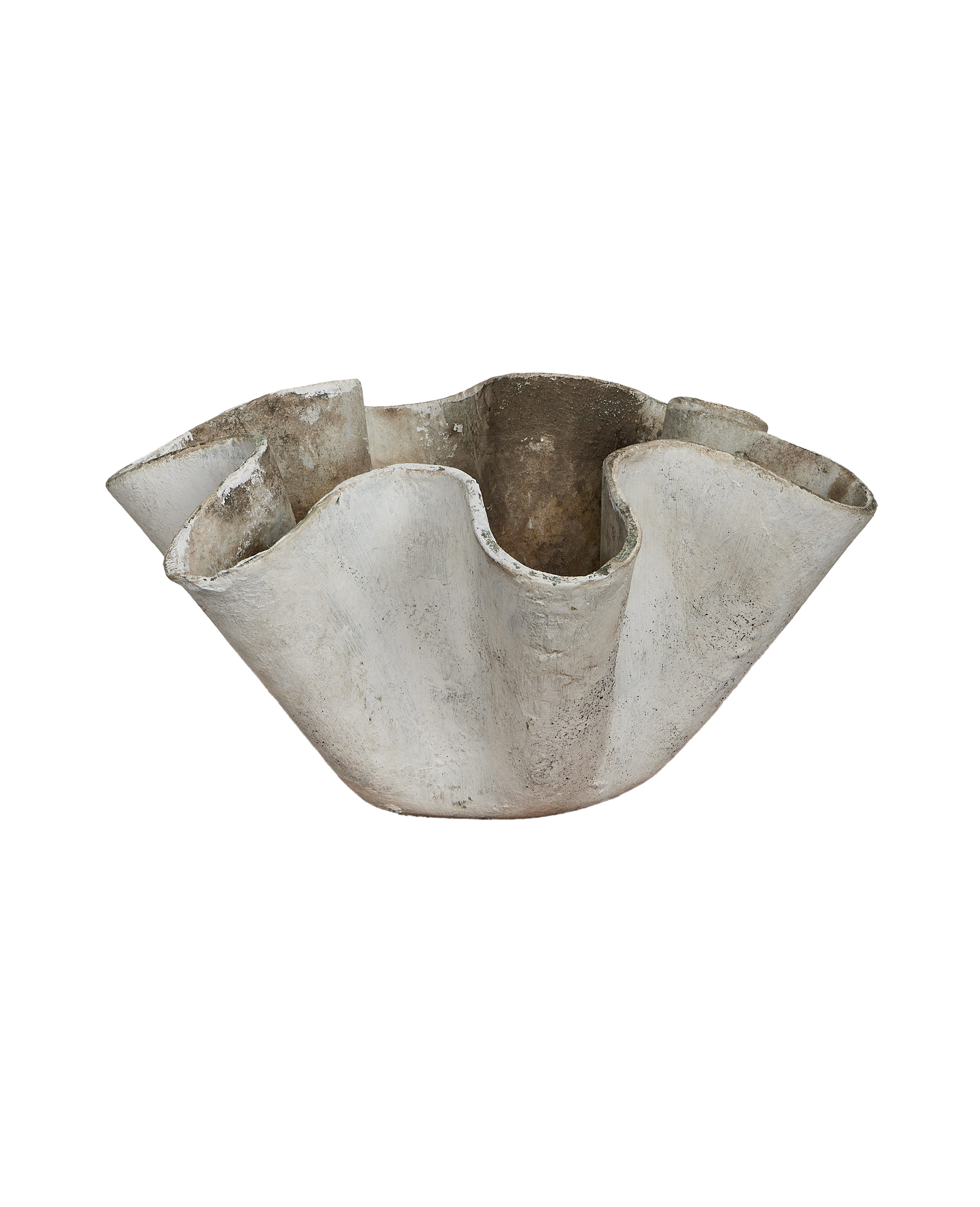 Vintage Willy Guhl concrete planter, side view highlighting organic wavy edges and uneven patina.