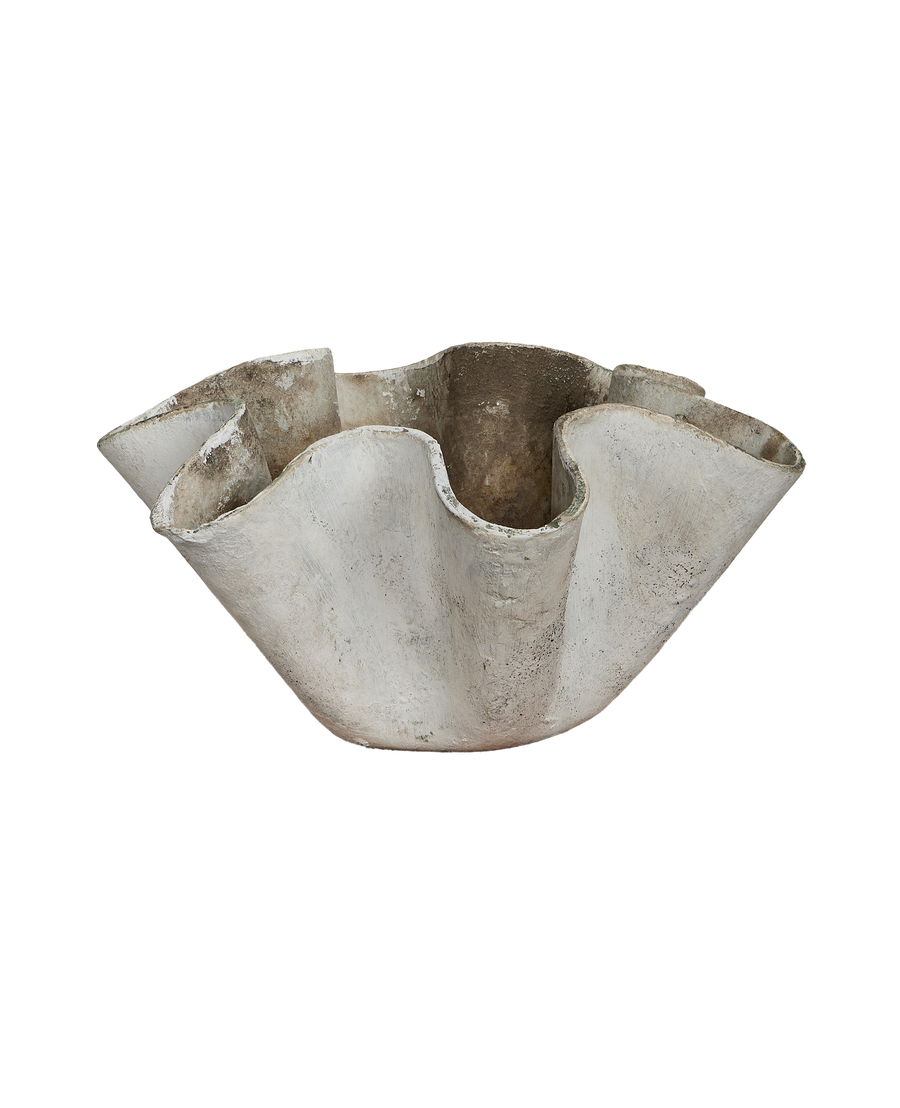 Vintage Willy Guhl concrete planter, side view highlighting organic wavy edges and uneven patina.
