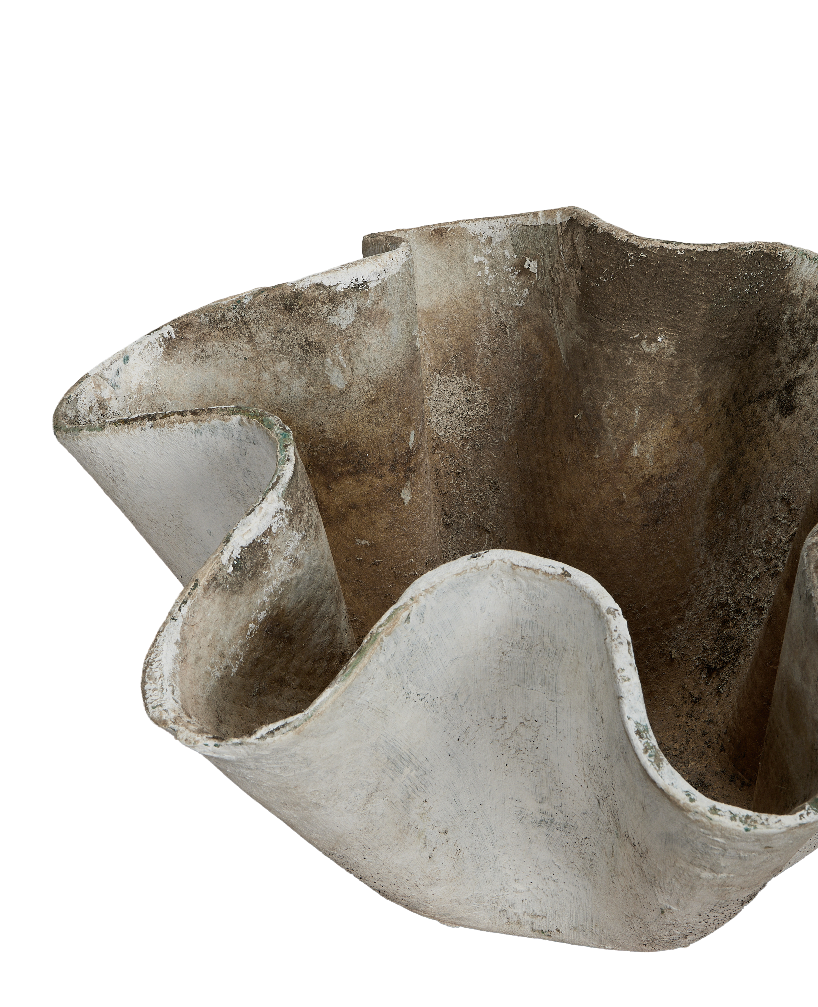 Vintage Willy Guhl planter detail, showing organic fiber cement waves and weathered patina.