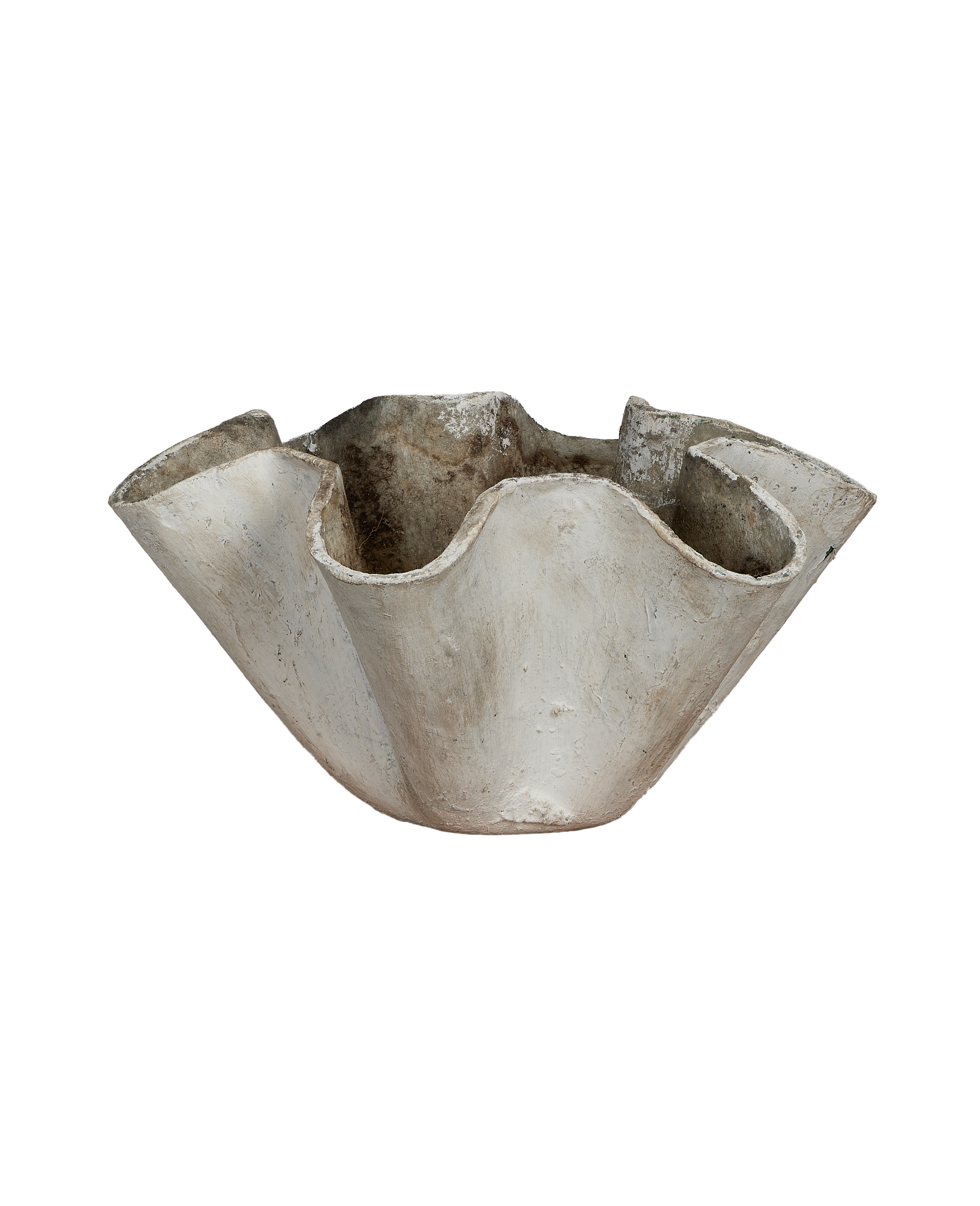 Willy Guhl concrete planter, vintage mid-century modern, organic ruffled rim, light patina.