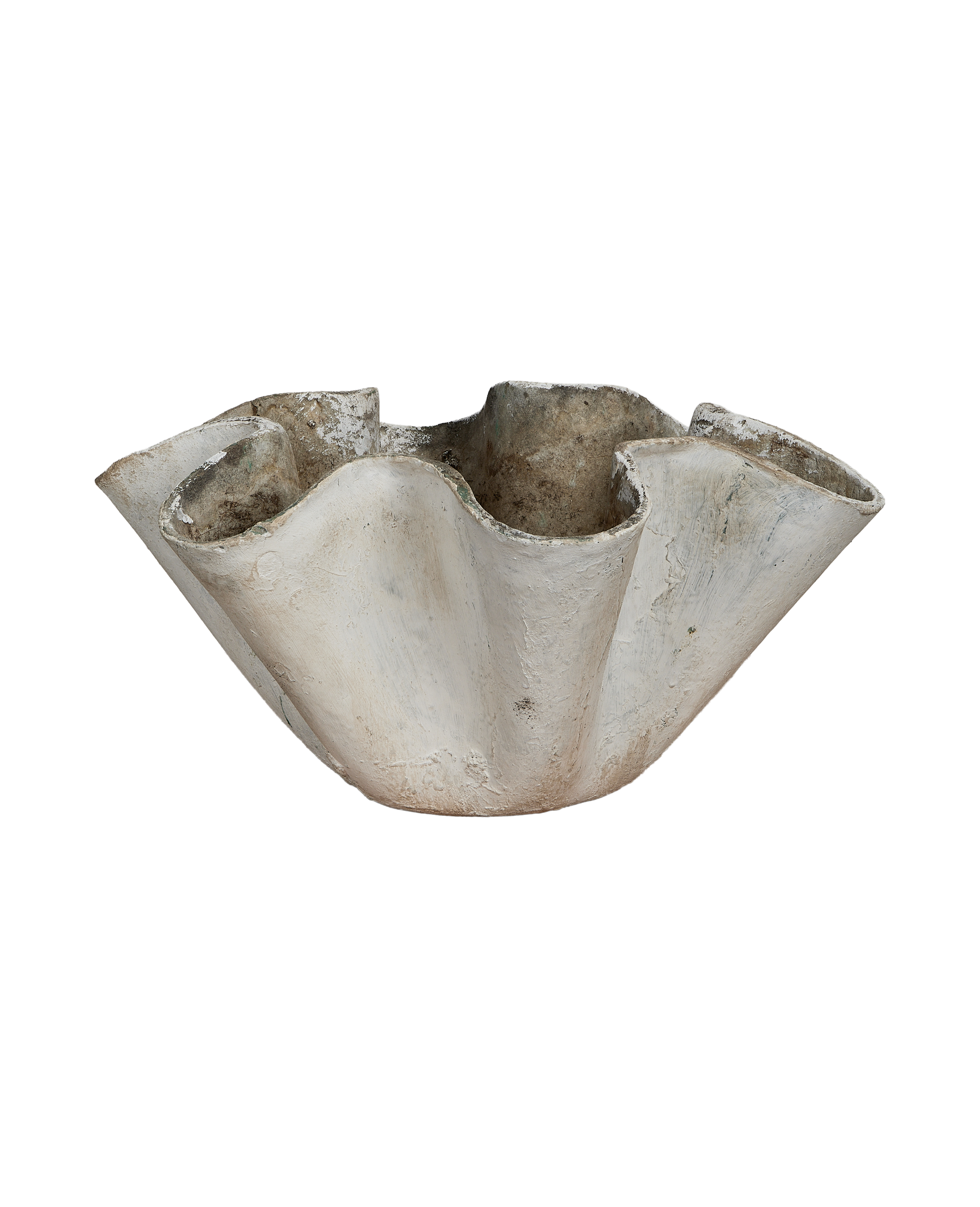 Vintage Willy Guhl concrete planter, white, showing natural wear on organic Swiss design.