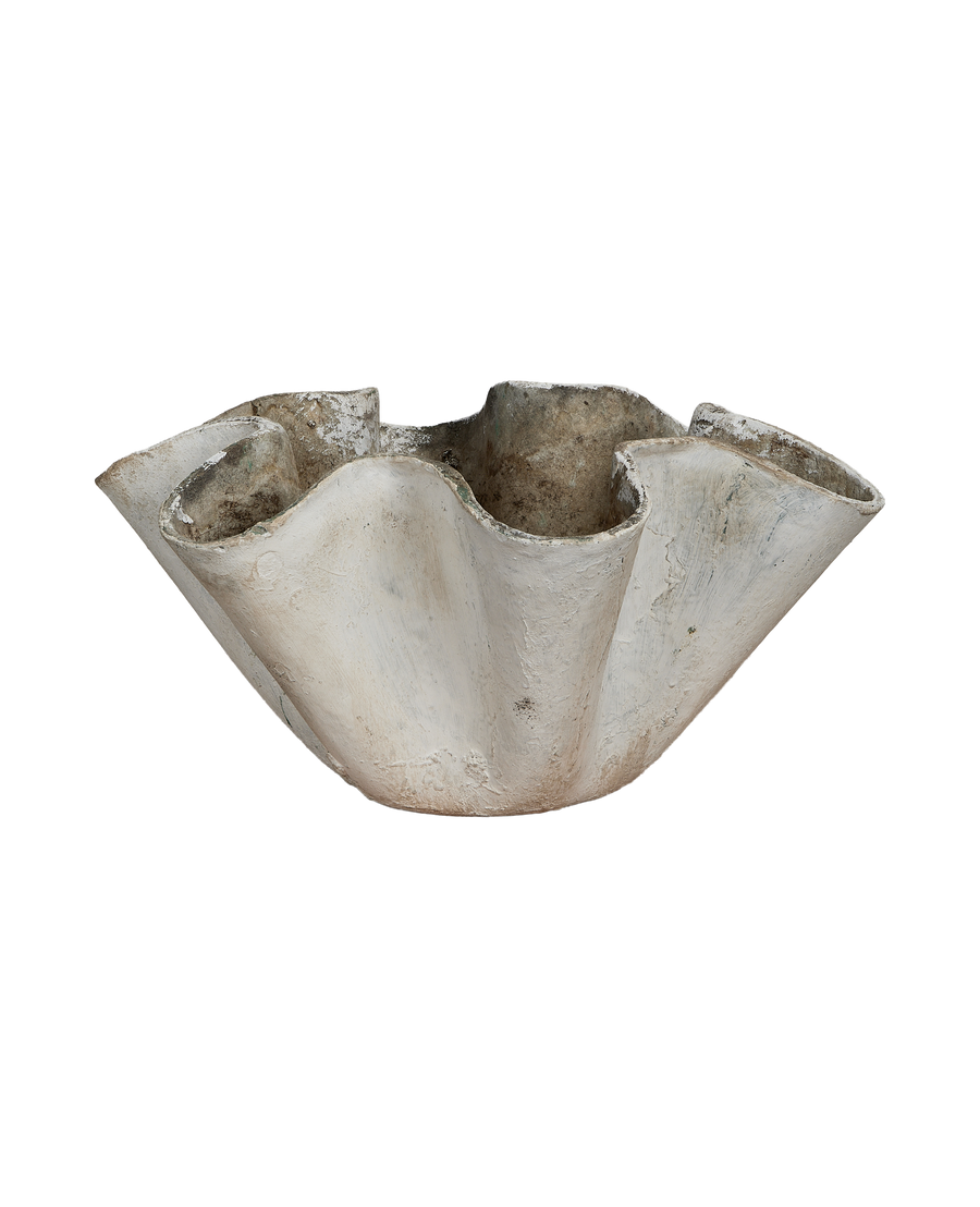 Vintage Willy Guhl concrete planter, white, showing natural wear on organic Swiss design.