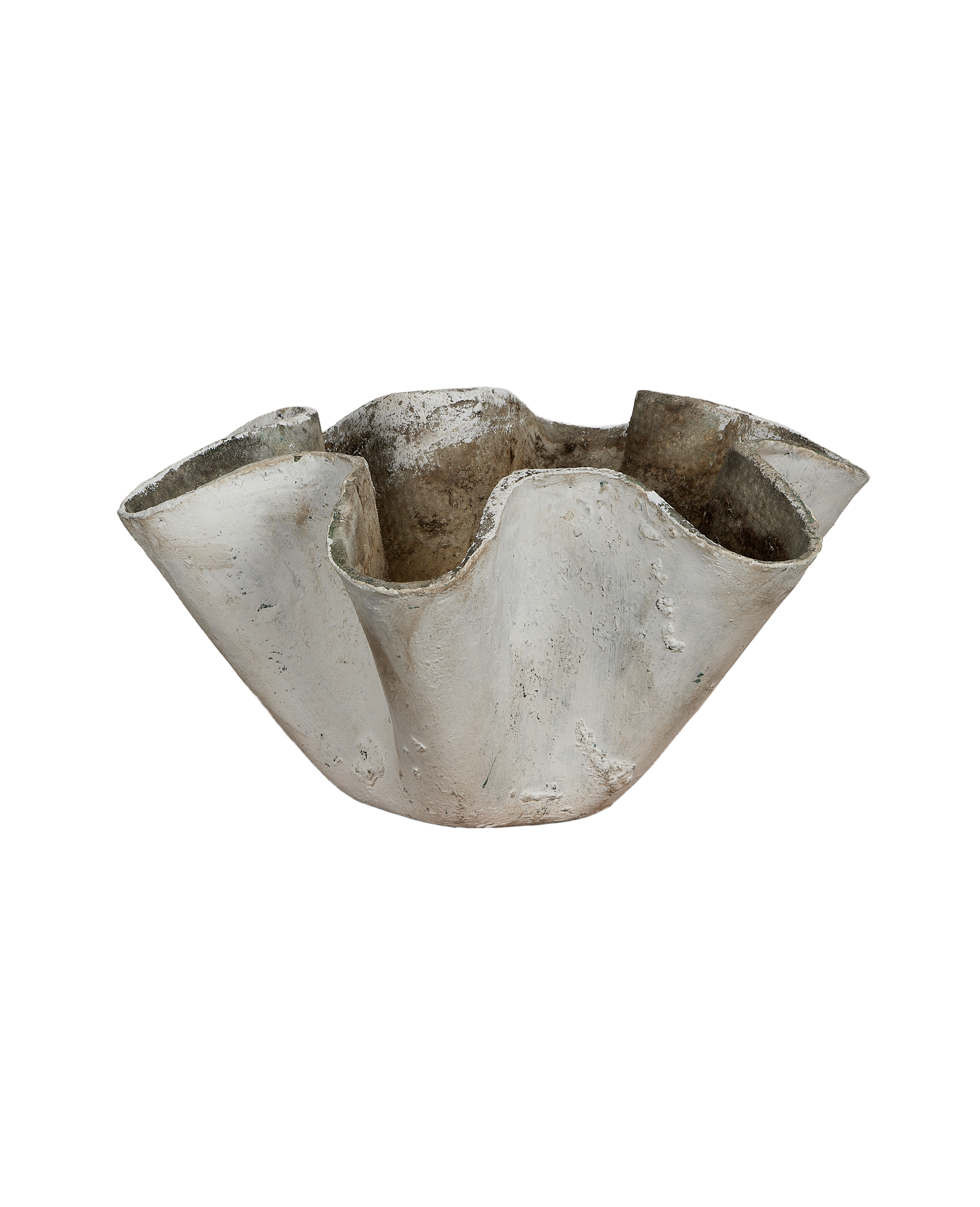 Vintage Willy Guhl concrete planter, organic bowl shape with distressed aged white patina.