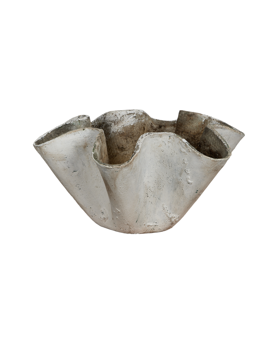 Vintage Willy Guhl concrete planter, organic bowl shape with distressed aged white patina.