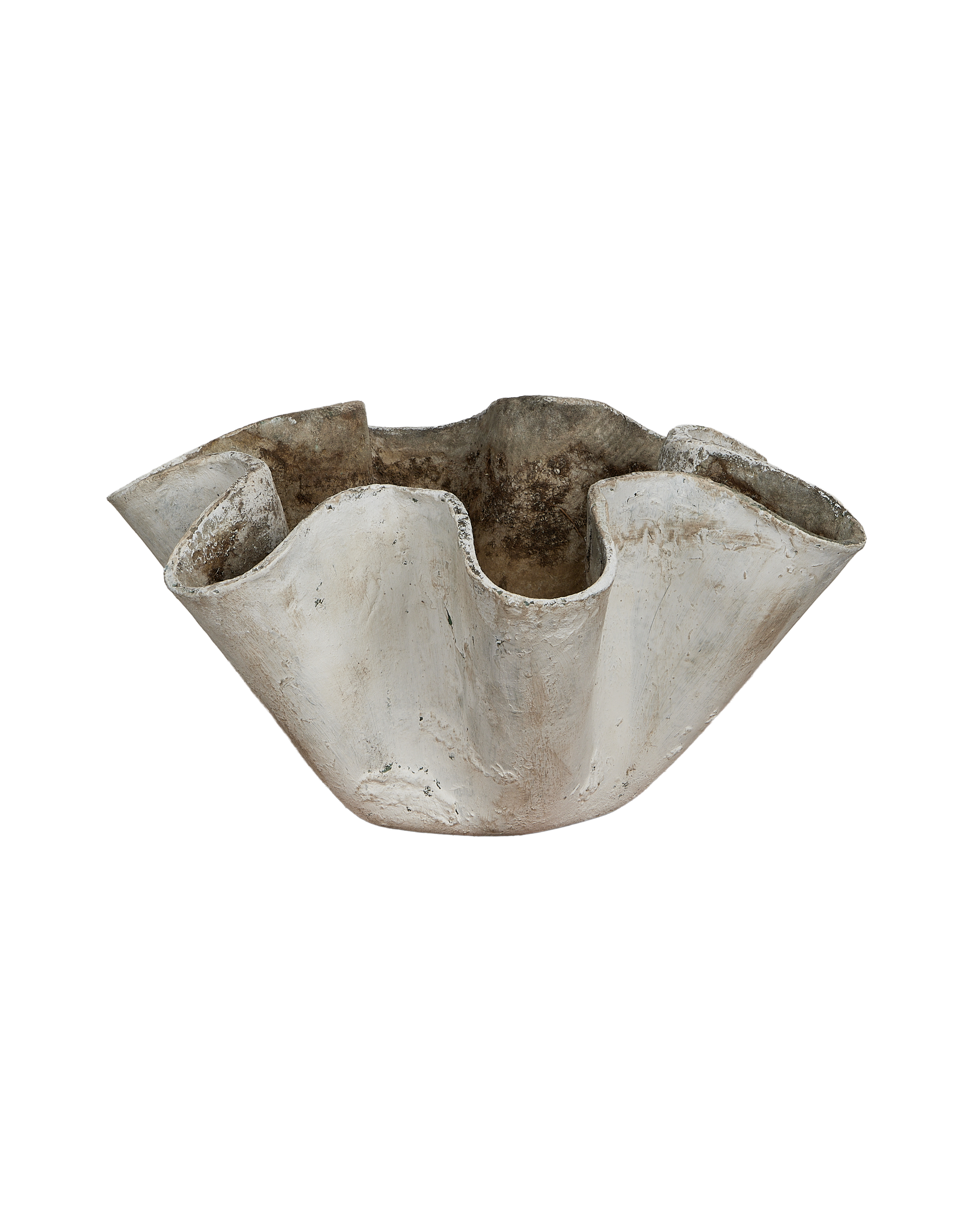 Vintage Willy Guhl planter, close-up of organic undulating concrete texture, Swiss design, showing wear.