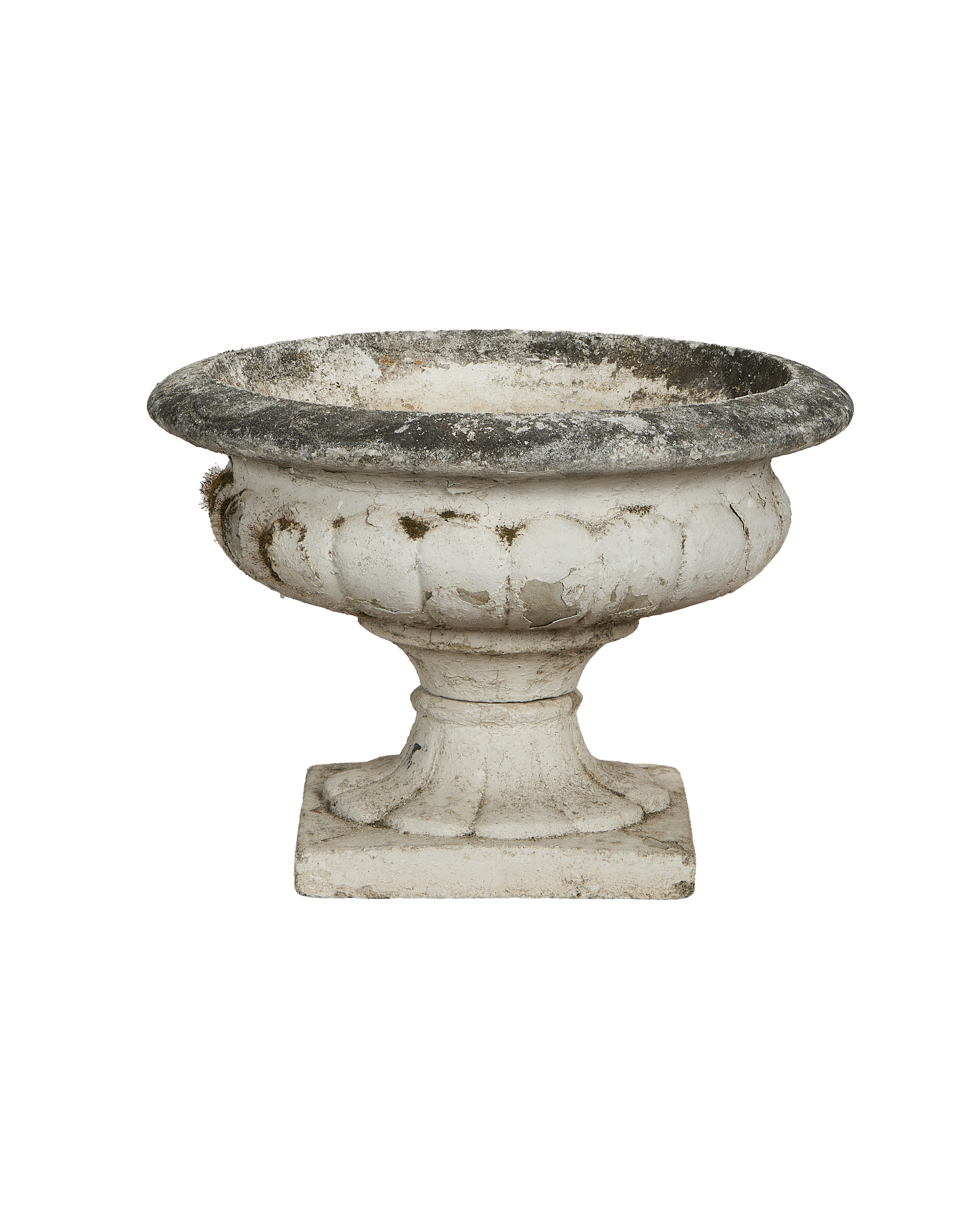 Vintage French Medicis Vasque, weathered oak, with fluted body and square base.