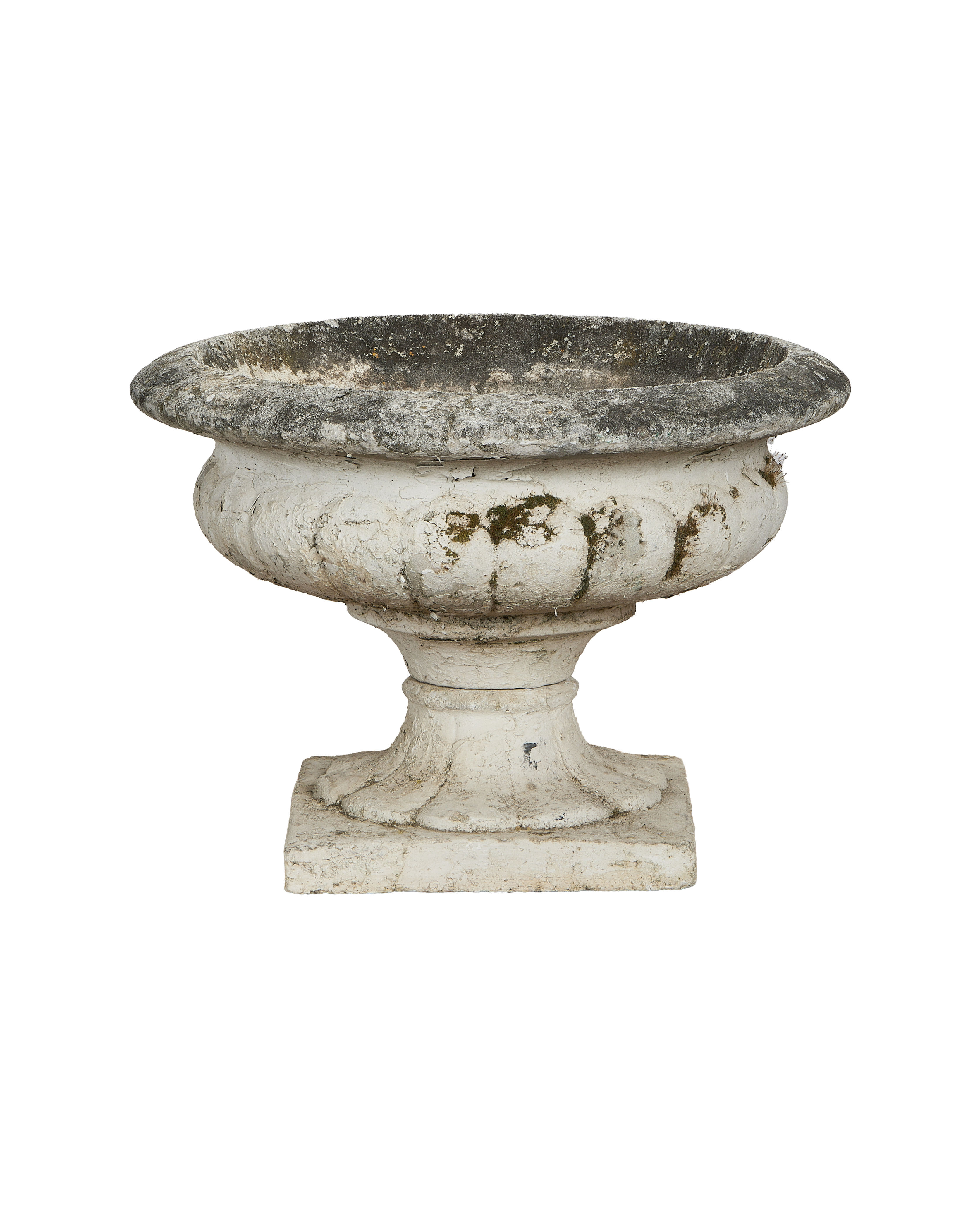 Vintage Medicis Vasque, front partial view, showing chipped paint and mossy texture.