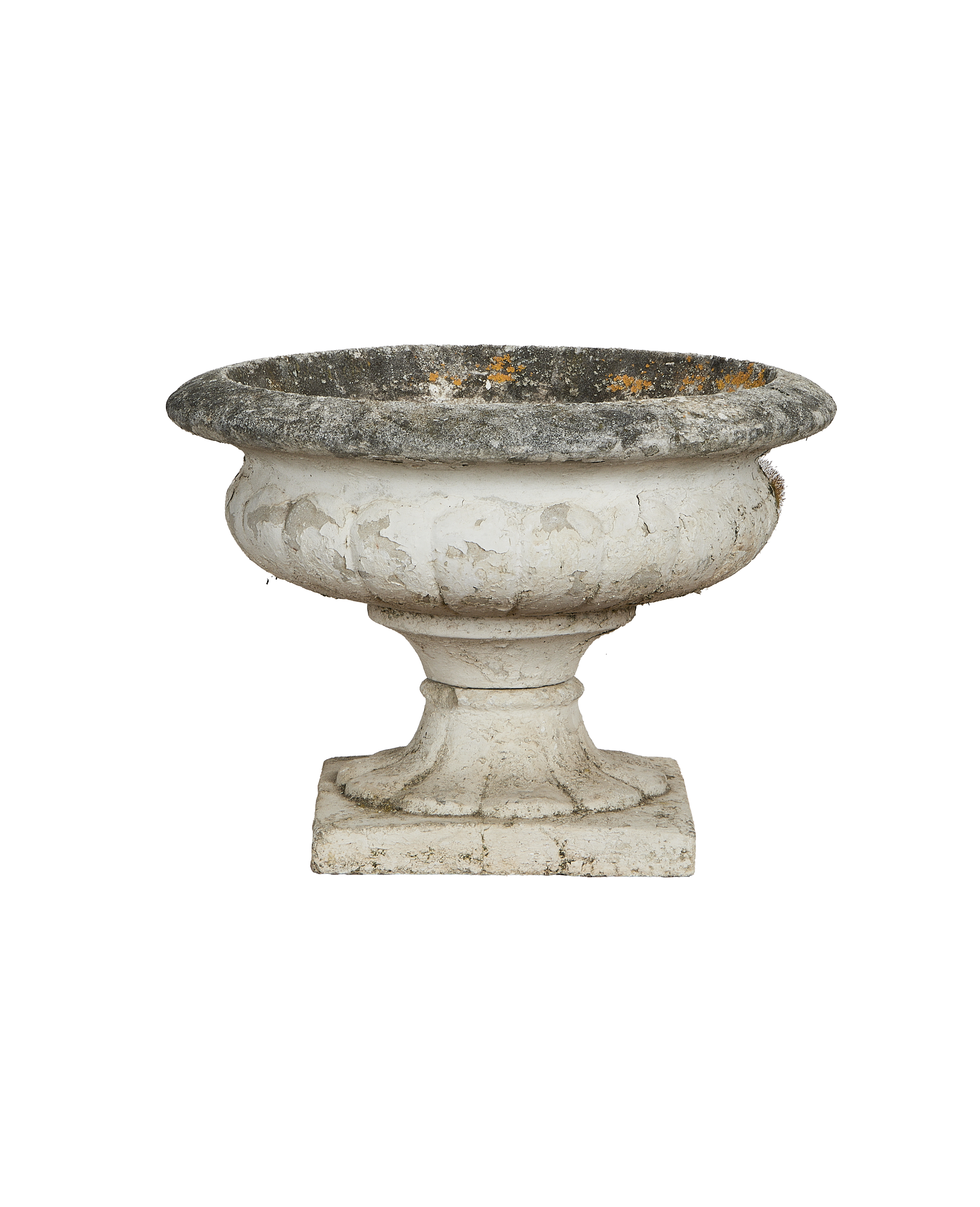 Medicis Vasque: Closer view of vintage French oak planter with weathered, distressed paint and lichen.
