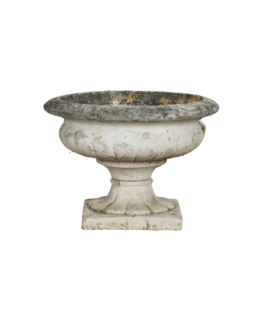 Medicis Vasque: Closer view of vintage French oak planter with weathered, distressed paint and lichen.