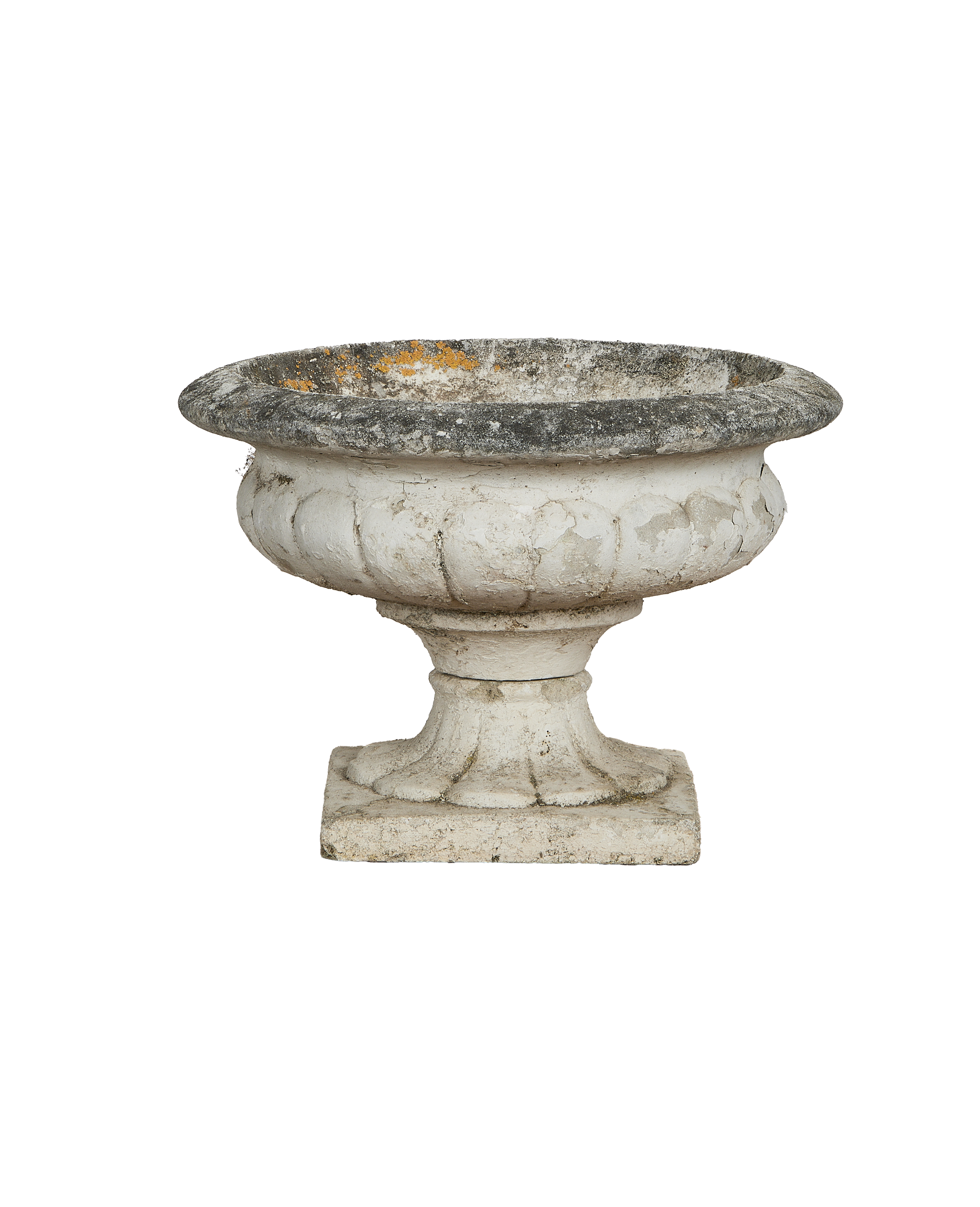 Vintage French Medicis Vasque, full side view, showing weathered paint and moss patina.
