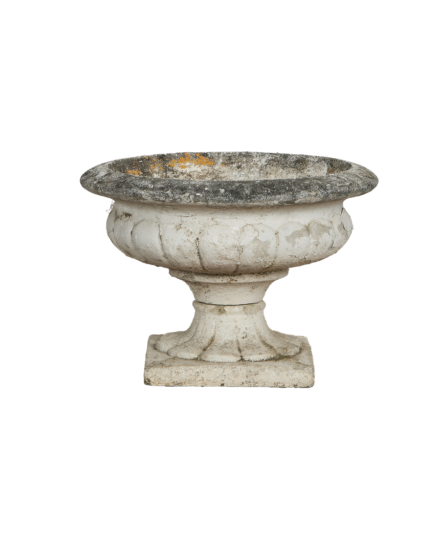 Vintage French Medicis Vasque, full side view, showing weathered paint and moss patina.