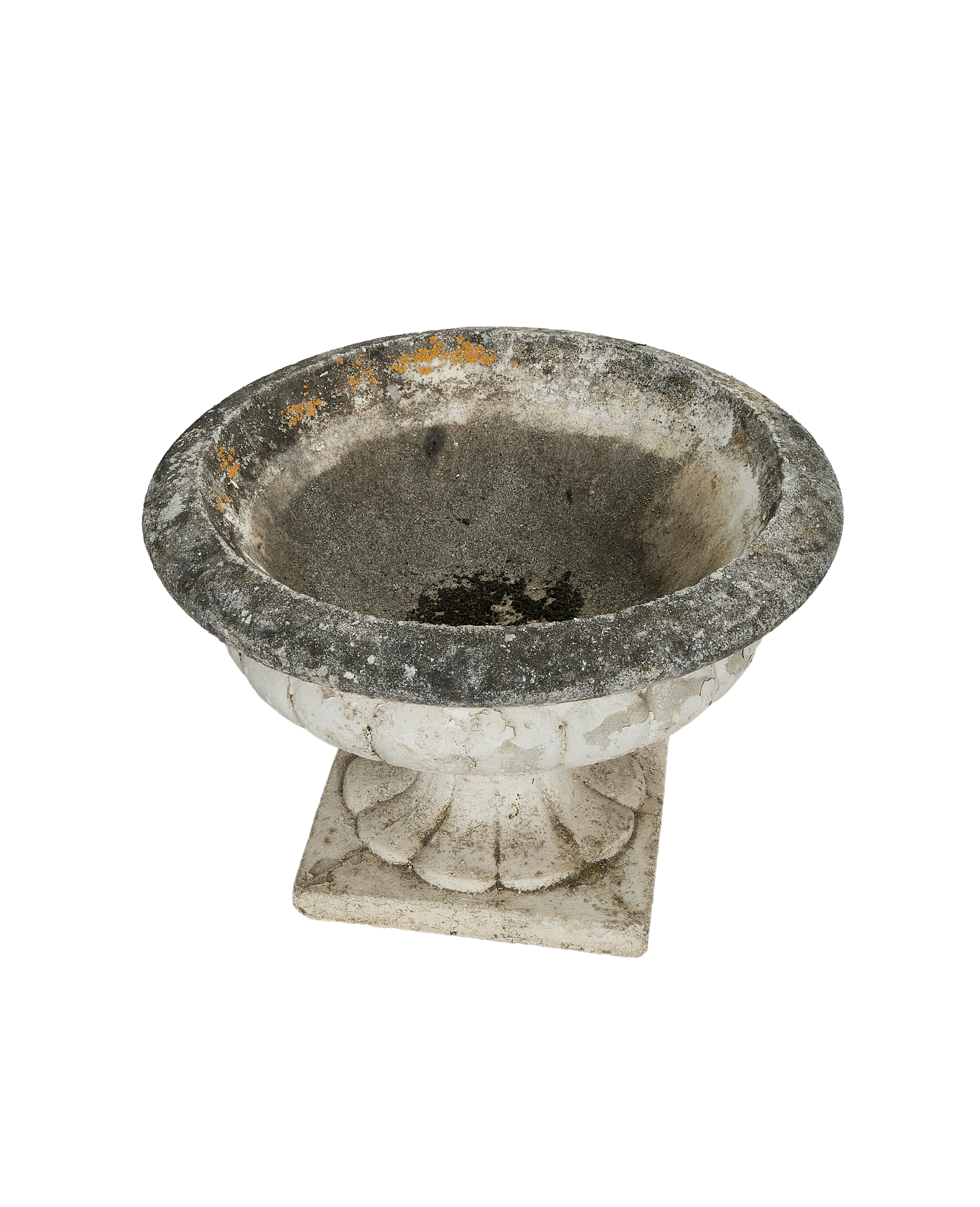 Vintage French Medicis Vasque, showing the detailed weathered fluted base and patina.