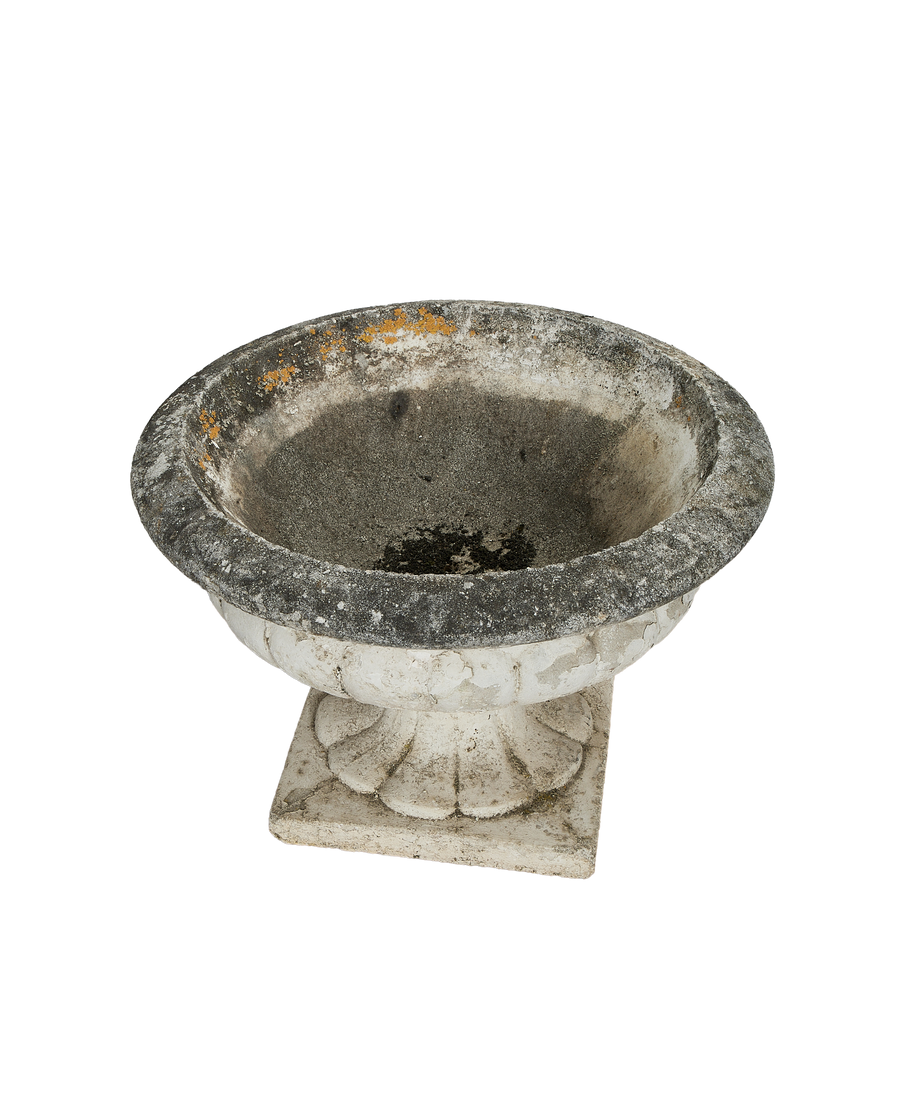 Vintage French Medicis Vasque, showing the detailed weathered fluted base and patina.