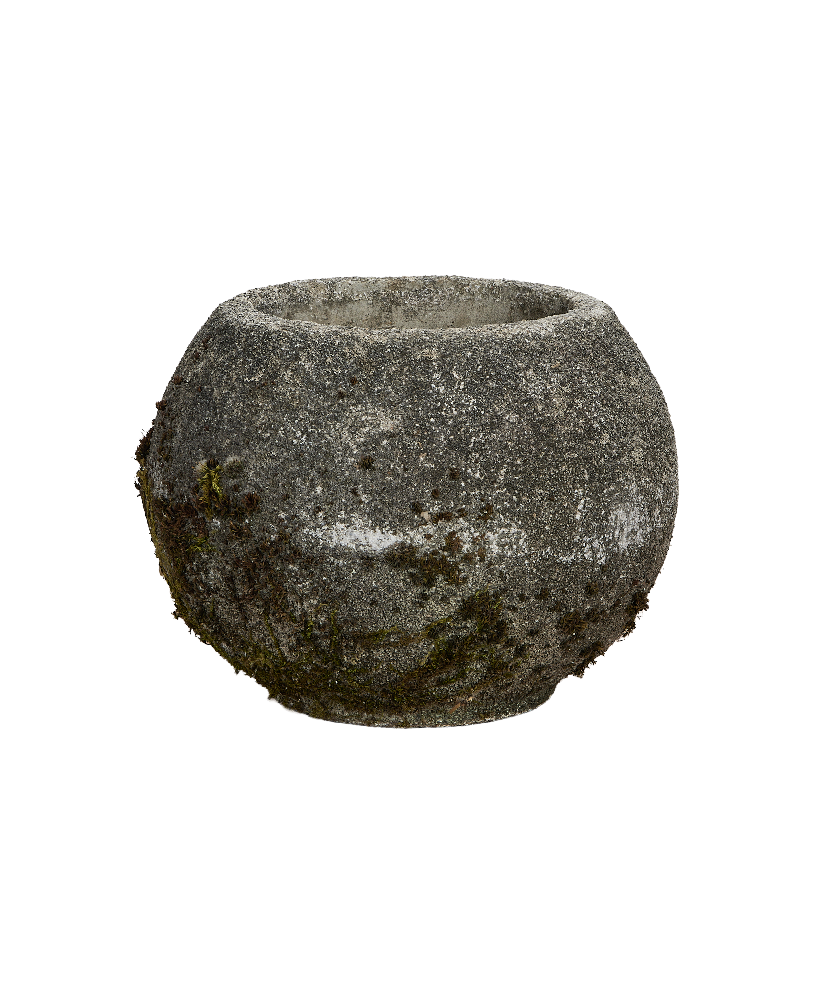 Vintage French orb planter, gray concrete with natural moss and weathered patina.
