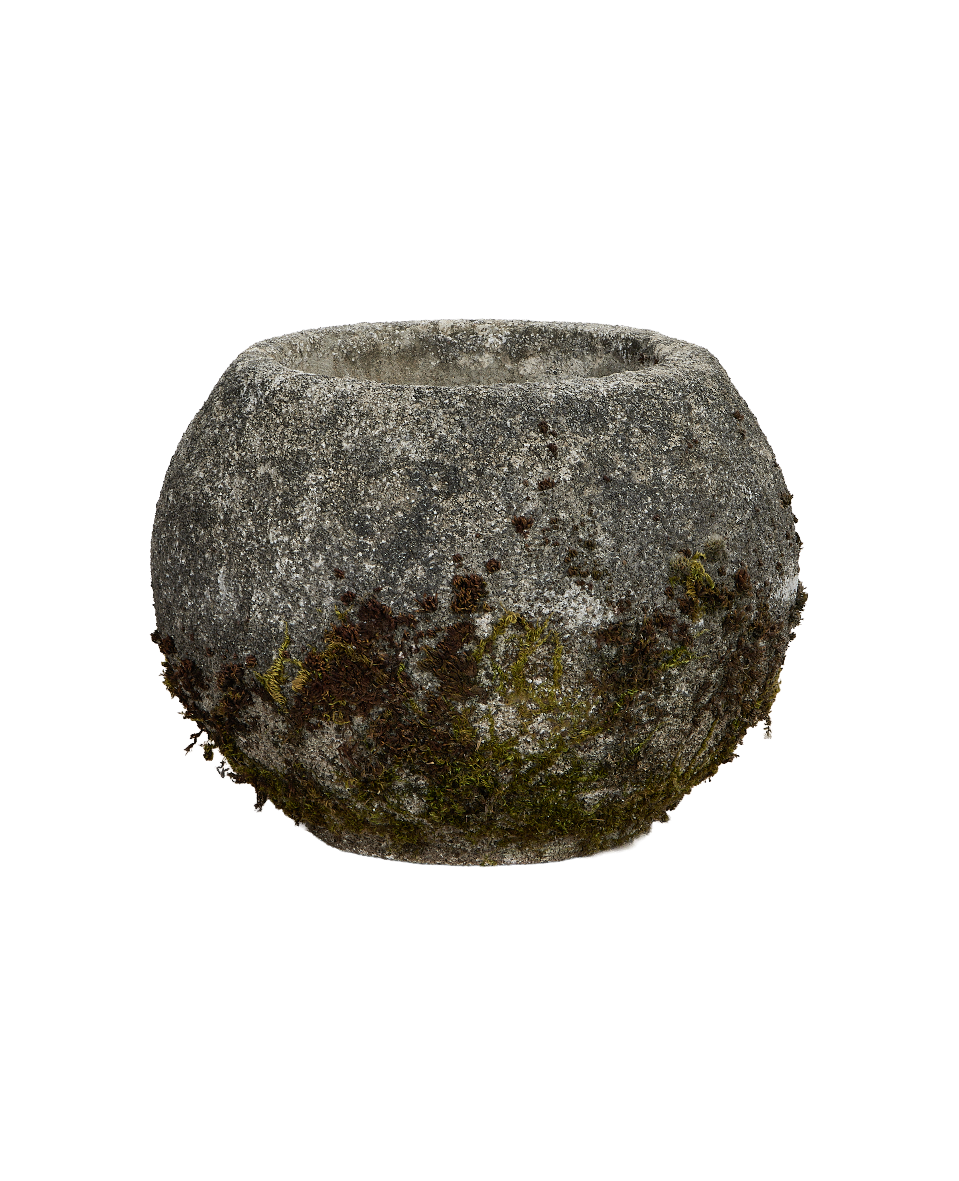 French vintage concrete orb planter, heavy natural moss and lichen on the side.